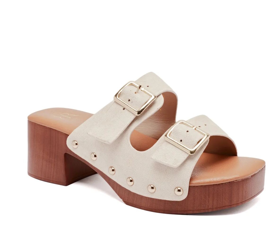 Clogs Mules beige mit hohem Absatz Sandale Cloggs Plateau Slides
