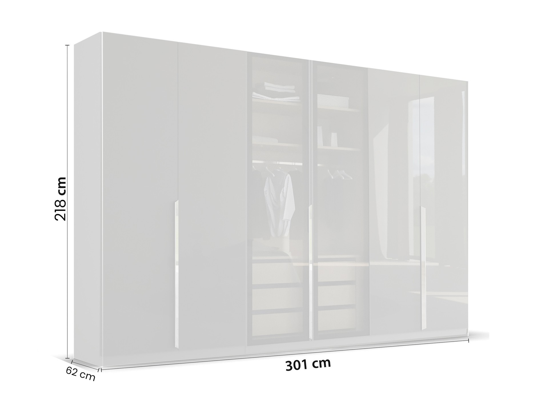 Kleiderschrank Casseria 300cm Glasrahmentüren in transparentem Grauglas