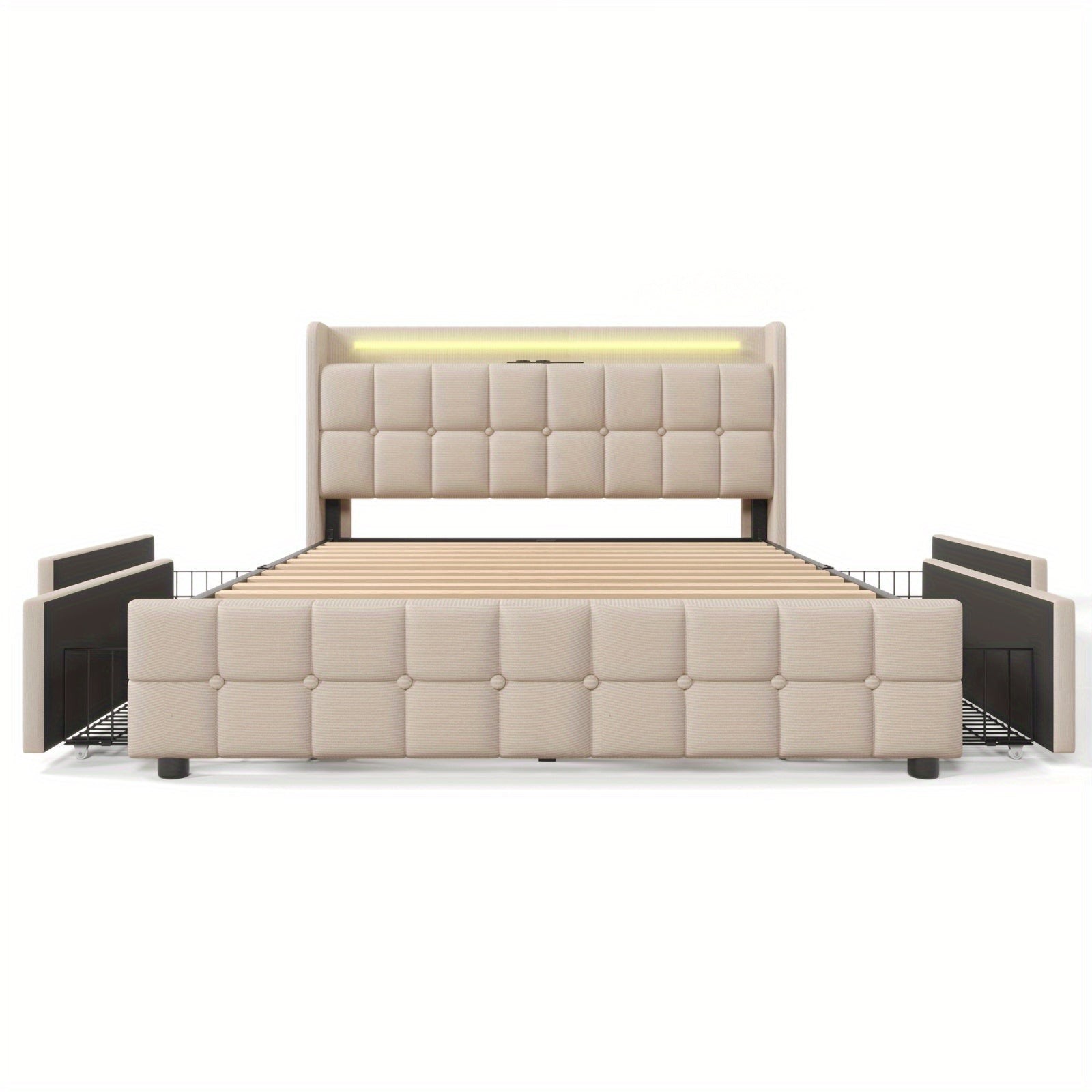 Bettgestell mit Lattenrost, 2 Personen Bett, Matratze mit Latte, 4 Schubladen, Plattformbettgestell, Bettbox für Erwachsene, Jugendliche, Beige (ohne Matratze)