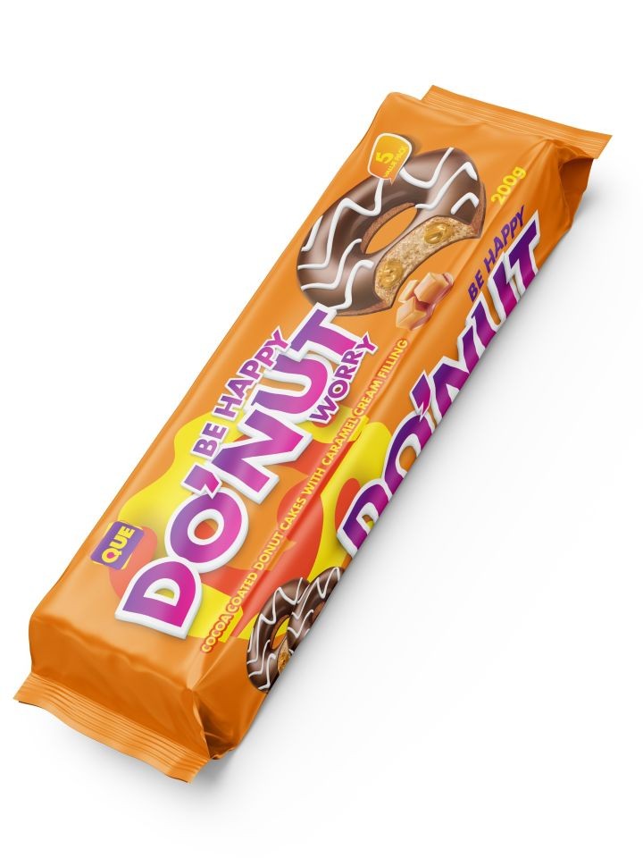 Be Happy DO'NUT Worry - Kakaodoppade Donutkakor med Karamell 200g ✖ 12