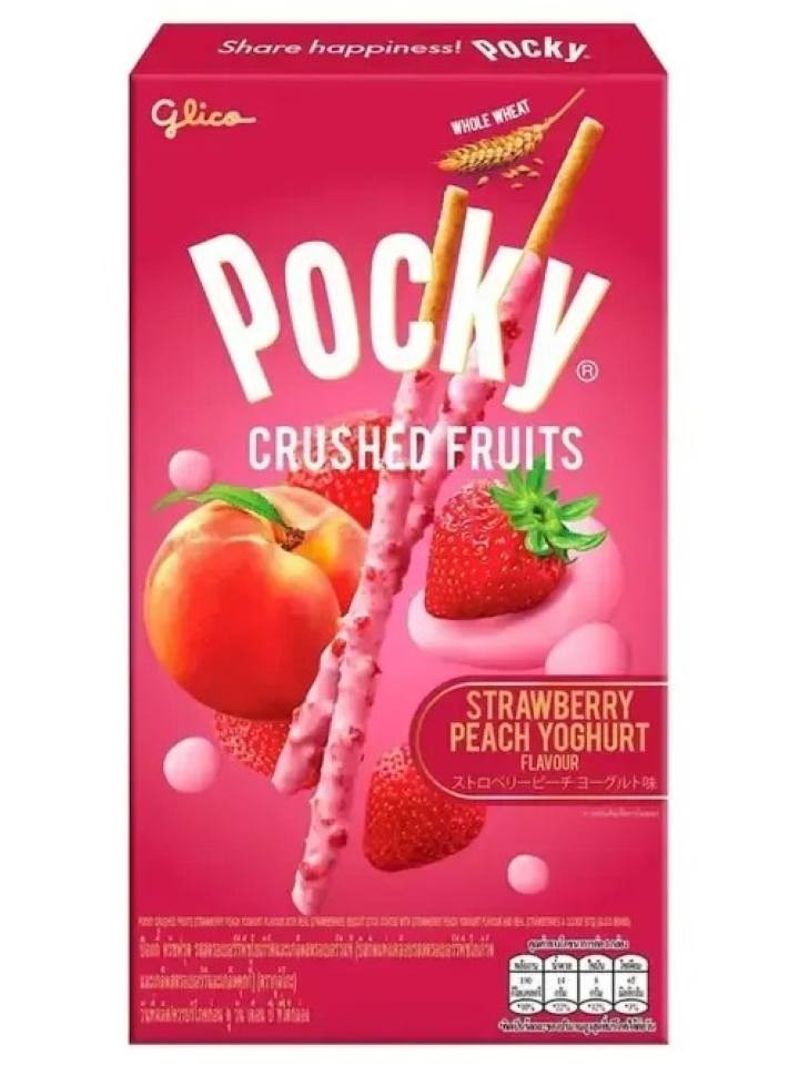 Pocky Krossade Frukter med Jordgubb-Persika Yoghurt Smak Kexpinnar 38g ✖ 10