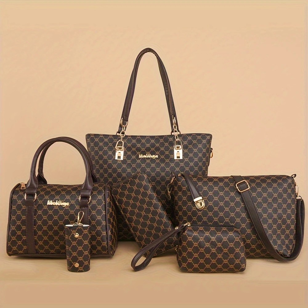 Chic 6pcs Women's Fashion Bag Set - Coffee