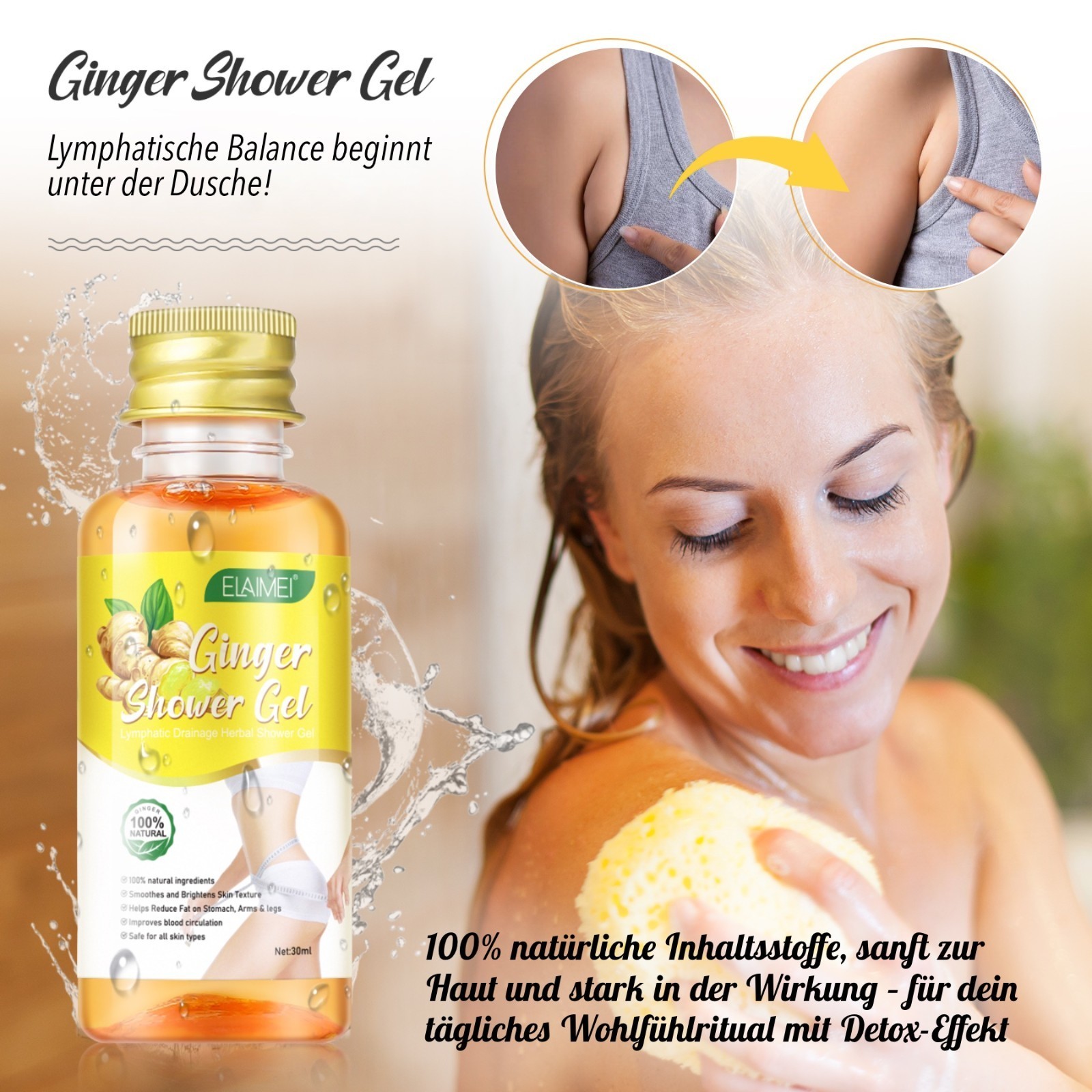 Ingwer Duschgel Ginger Shower Gel Lymphdrainage Körperpflege mit Rosmarin 3x30ml