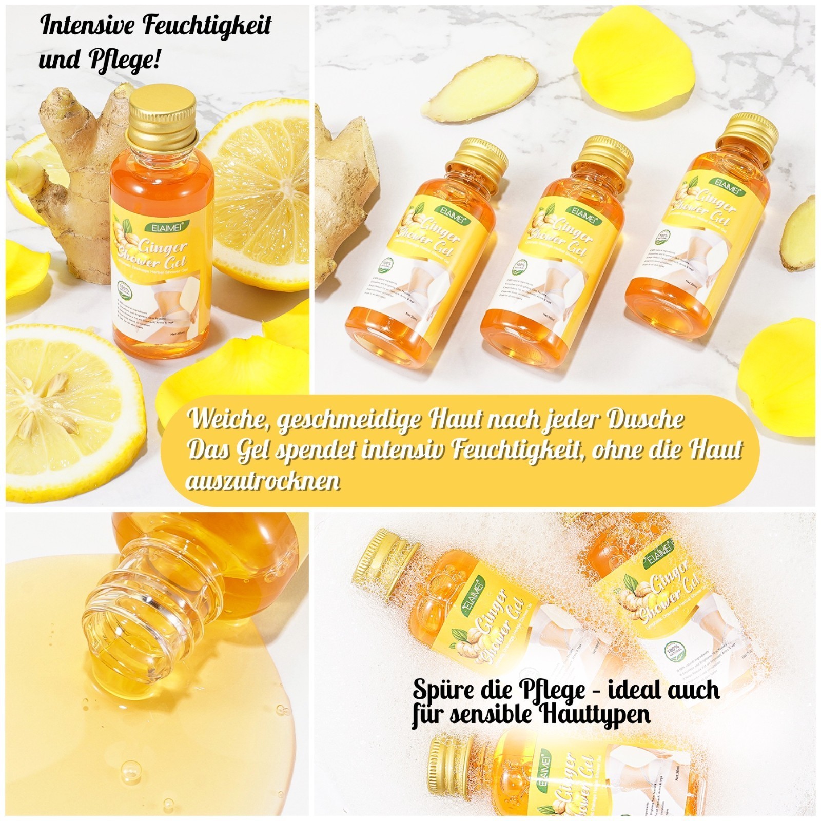 Ingwer Duschgel Ginger Shower Gel Lymphdrainage Körperpflege mit Rosmarin 3x30ml