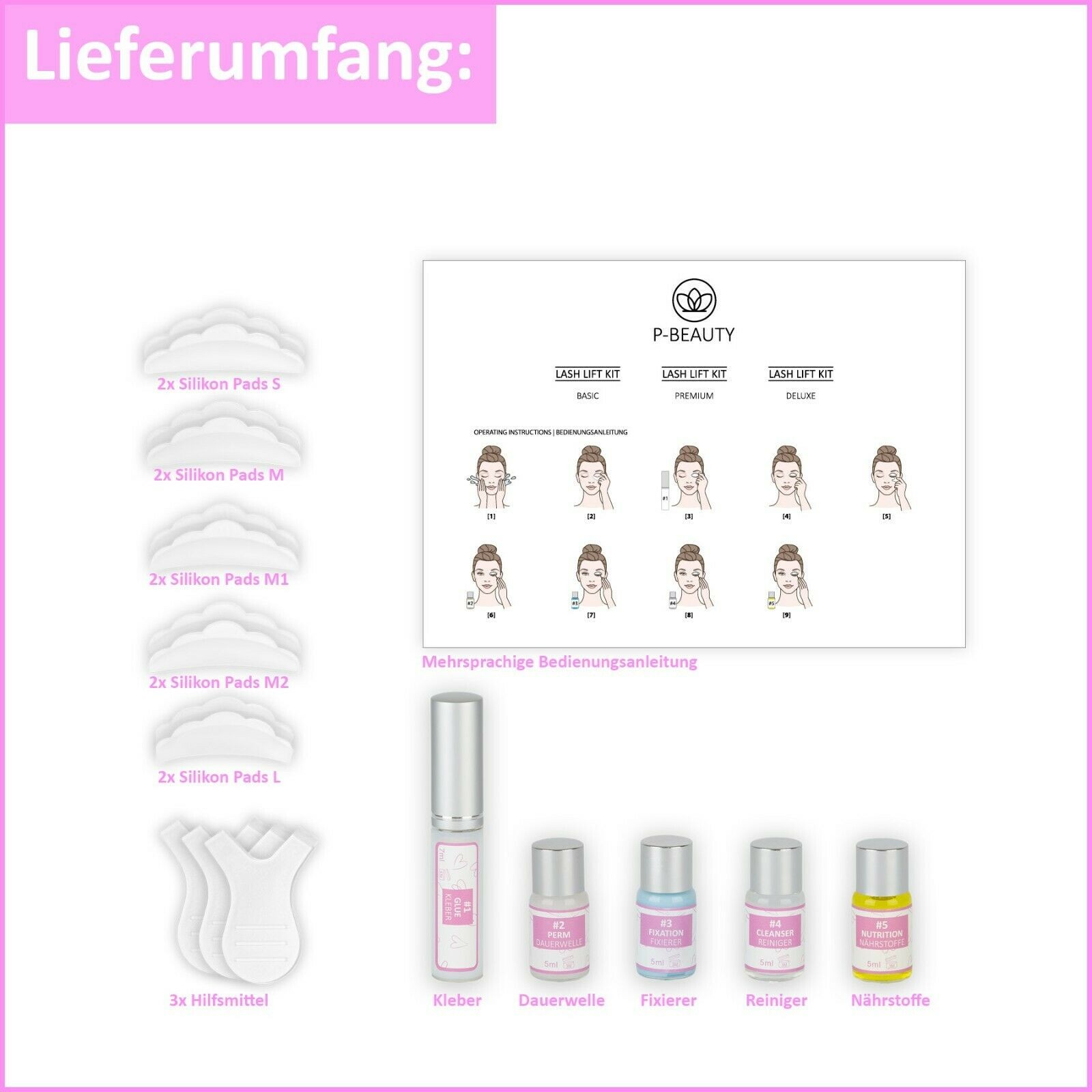 Wimpernlifting Wimpernwelle Wimpernlaminierung Lash Lift Kit Basic Set P-Beauty Inkl. Anleitung in sechs verschiedenen Sprachen