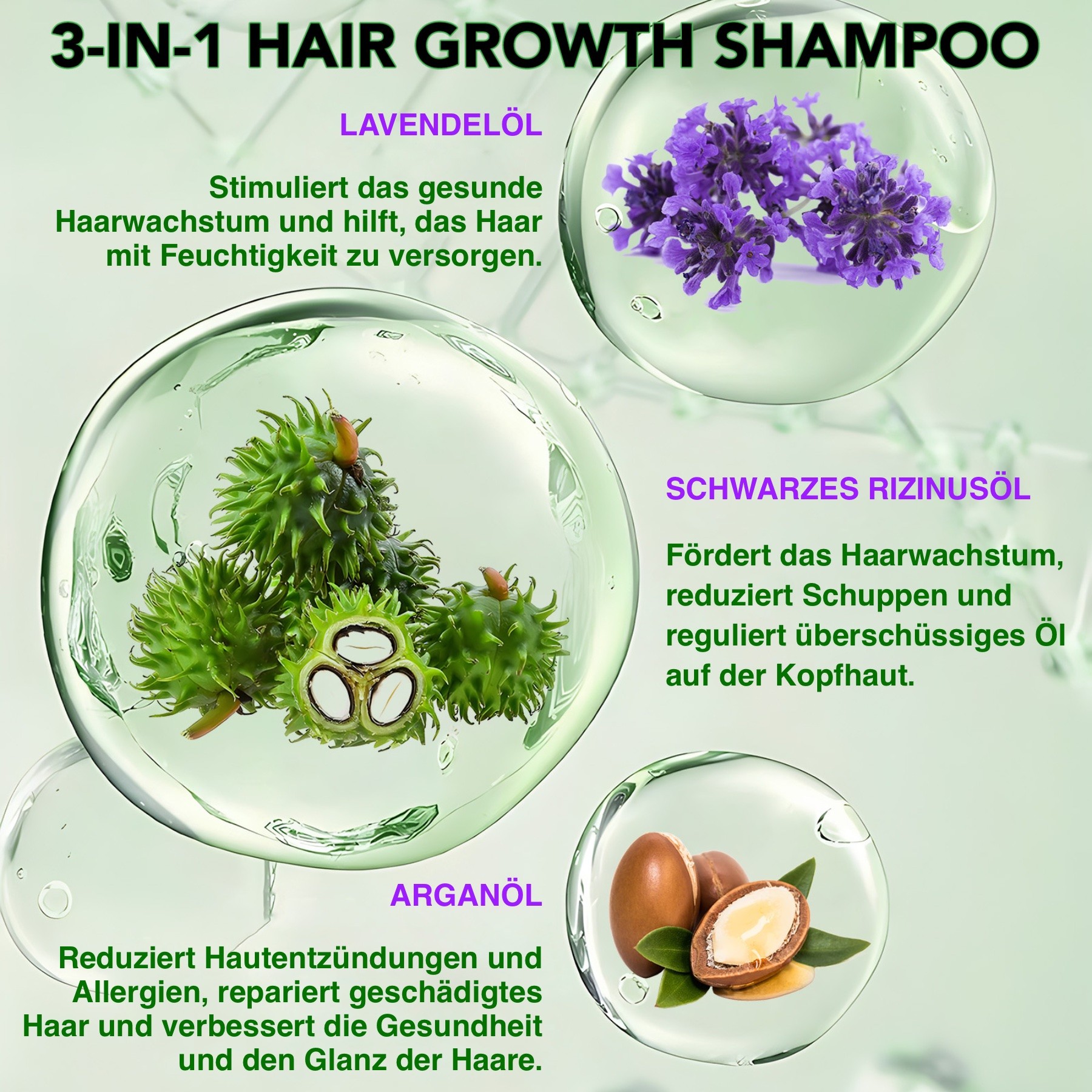 3-in-1 Pflege Shampoo mit  Rizinusöl, Lavendelöl und Arganöl 