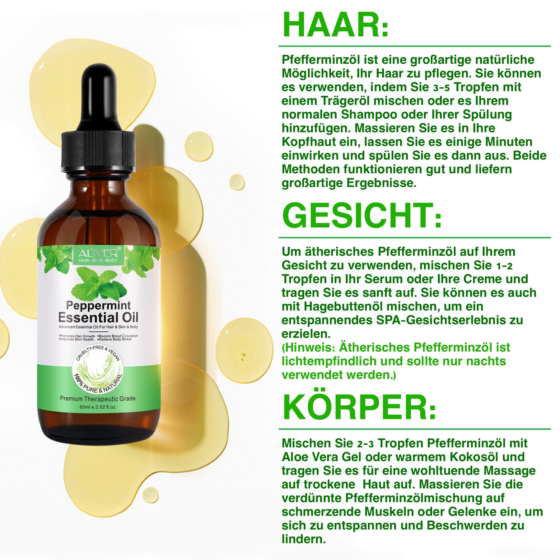 Pfefferminzöl Ätherisches Öl Haaröl Hautöl Massageöl Aromaöl 100% rein Bio Vegan