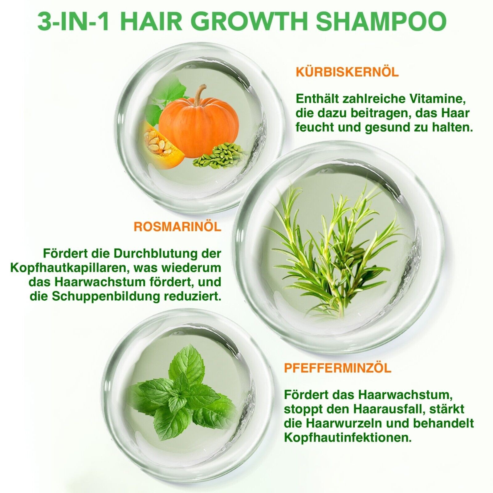 3-in-1 Shampoo mit Rosmarin, Minze und Kürbis Öl angereichert mit Biotin 