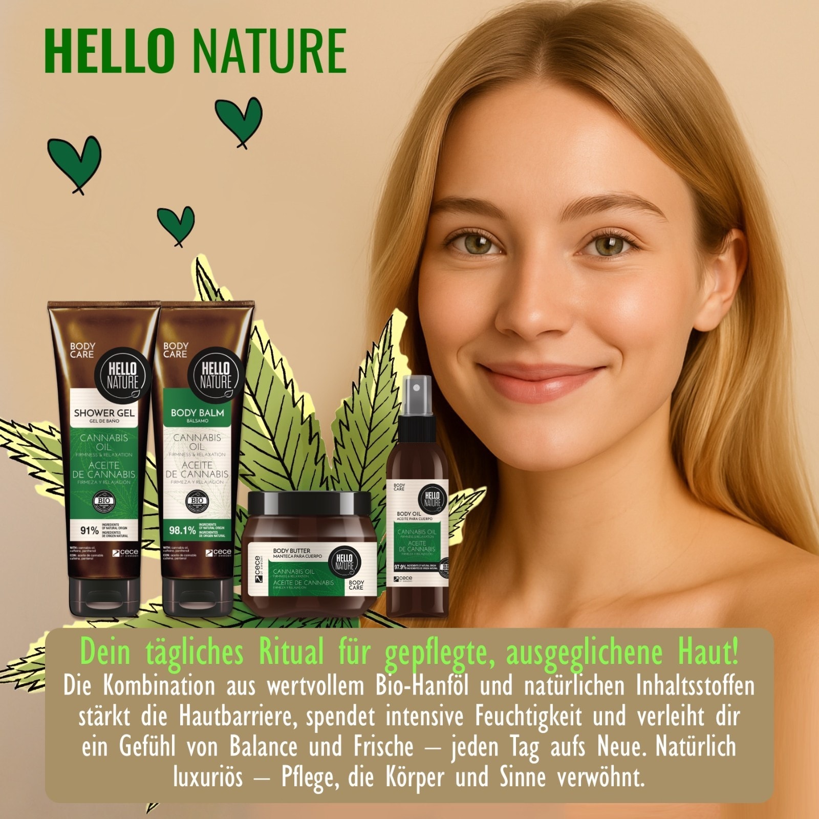 BIO Körperpflege Set mit Hanföl: Duschgel, Body Butter, Balm, Öl 