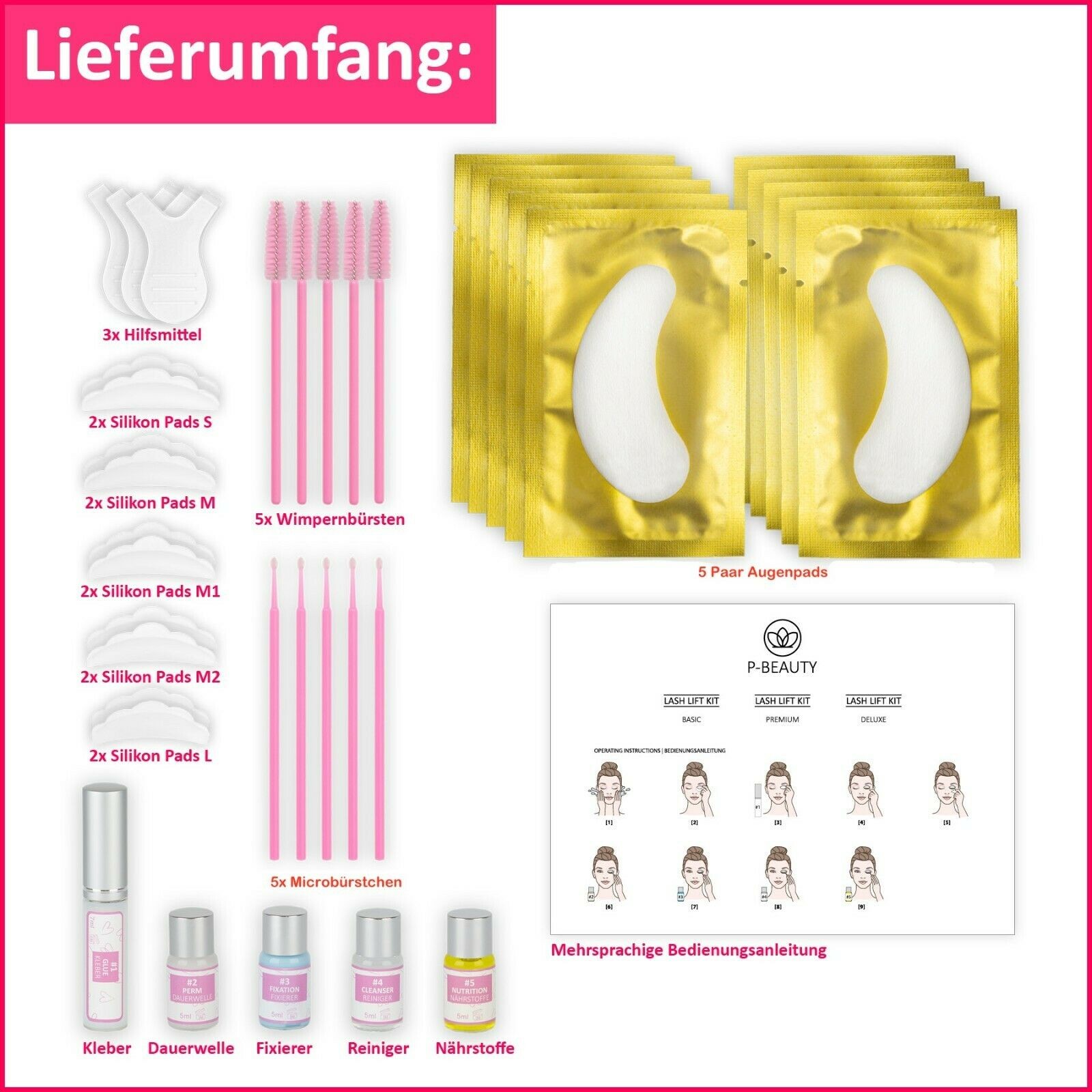 Wimpernlifting Wimpernwelle Wimpernlaminierung Lash Lift Kit Premium Set 28 Teil inkl. 5 Augenpads + 5 Wimpernbürstchen + 5 Microbrushes
