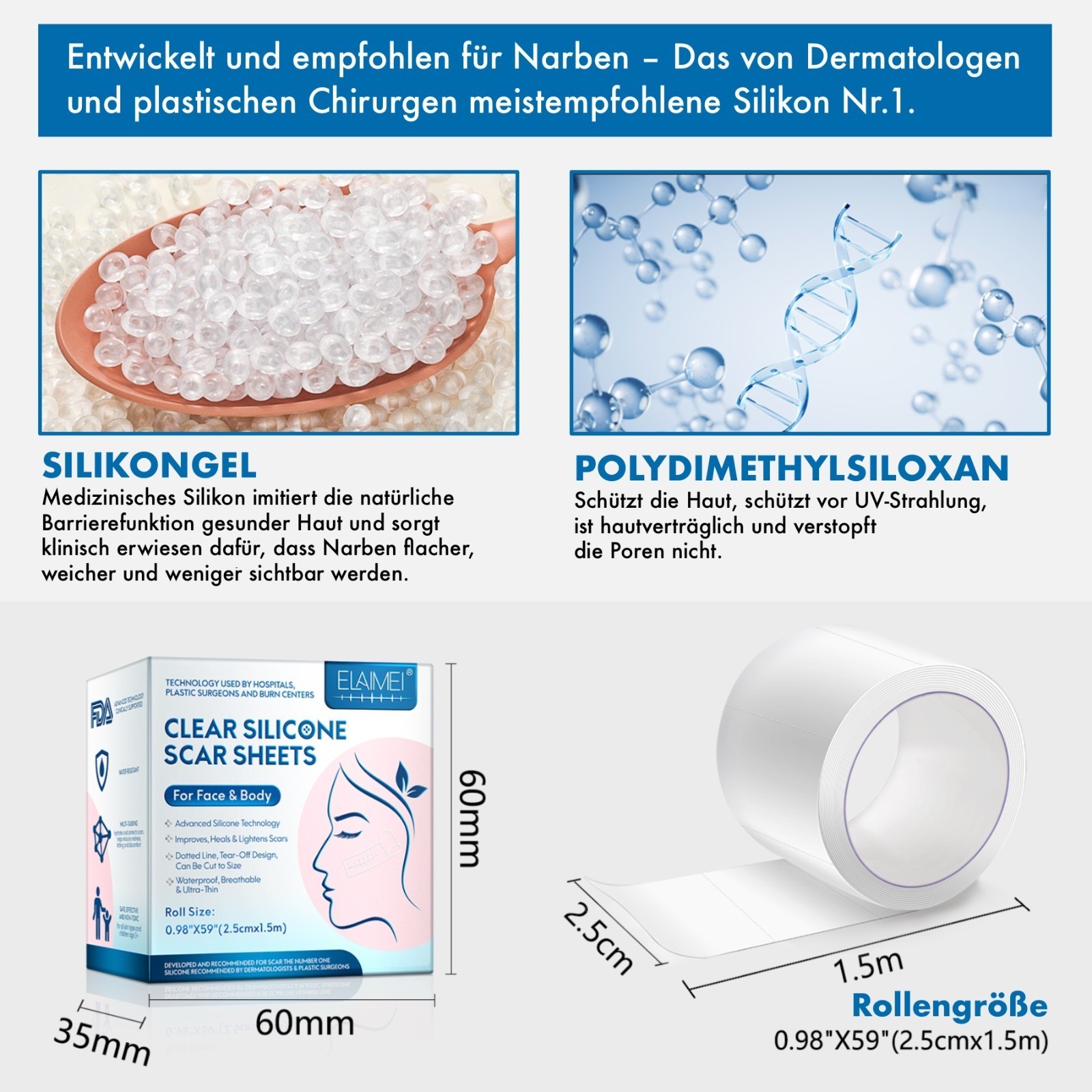 Narbenpflaster Silikonpflaster Transparent Narben Reduktion für Gesicht Körper