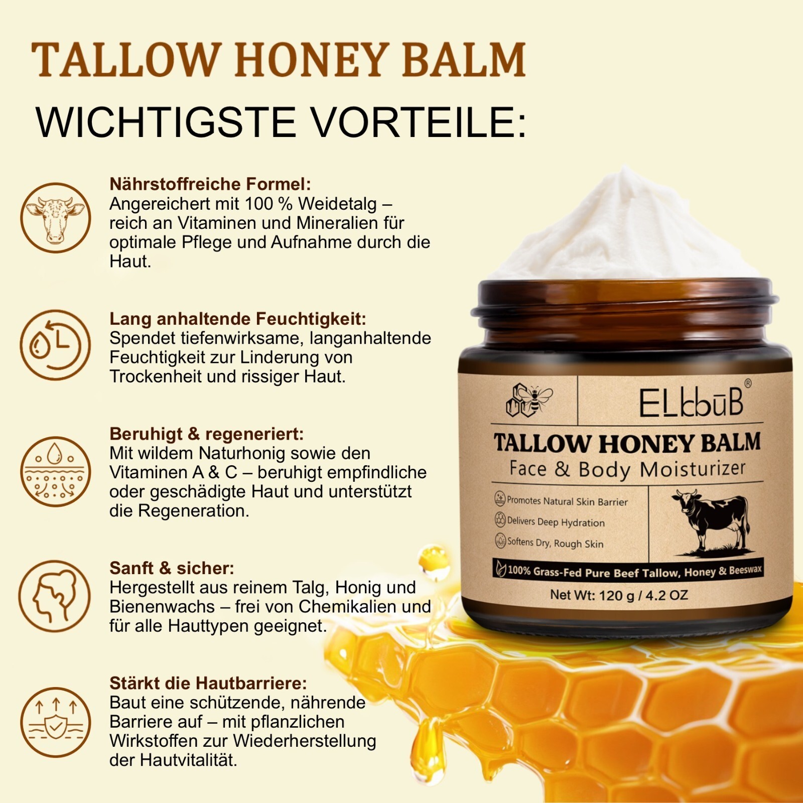 Hautpflegecreme Rindertalg Honig Beef Tallow 
