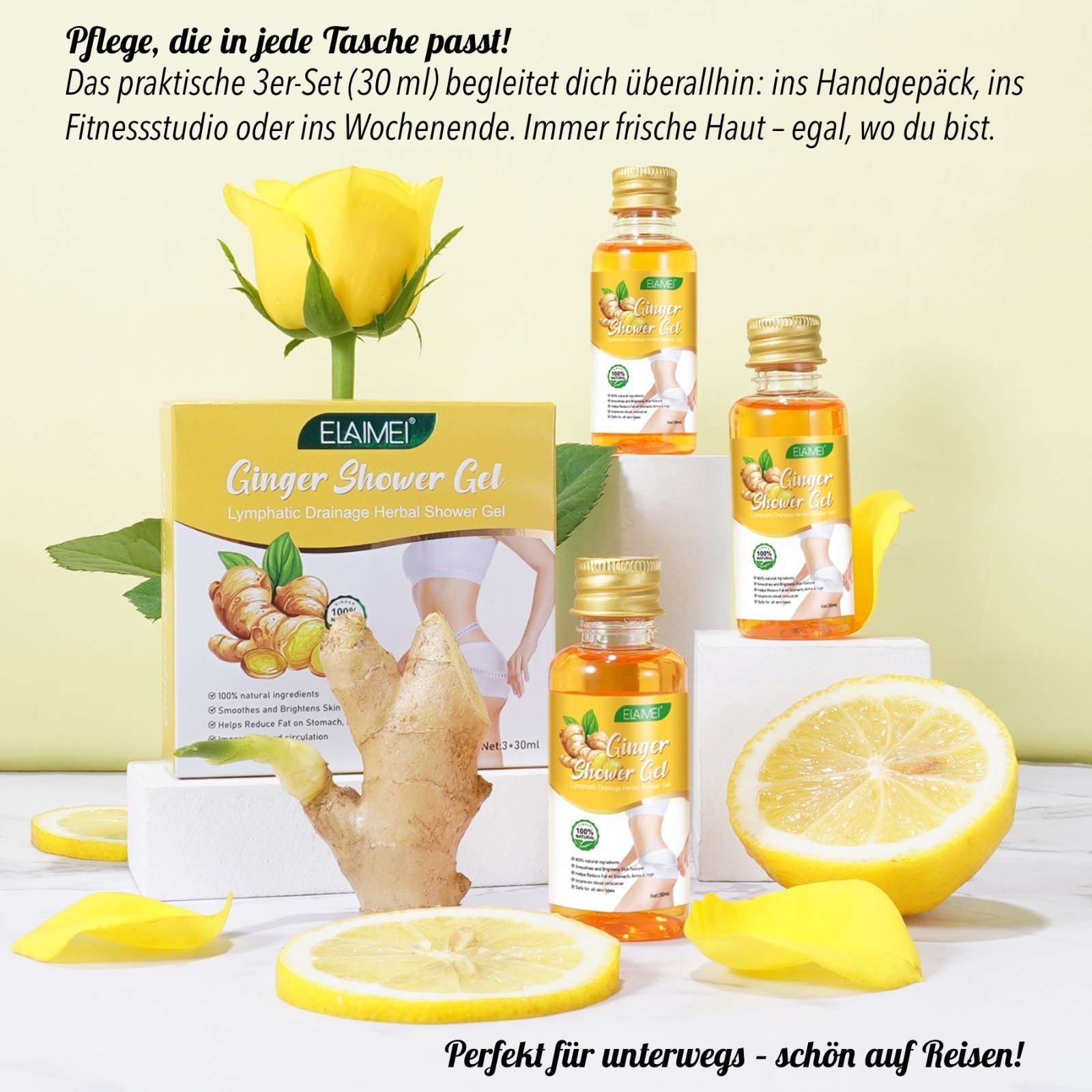 Ingwer Duschgel Ginger Shower Gel Lymphdrainage Körperpflege mit Rosmarin 3x30ml