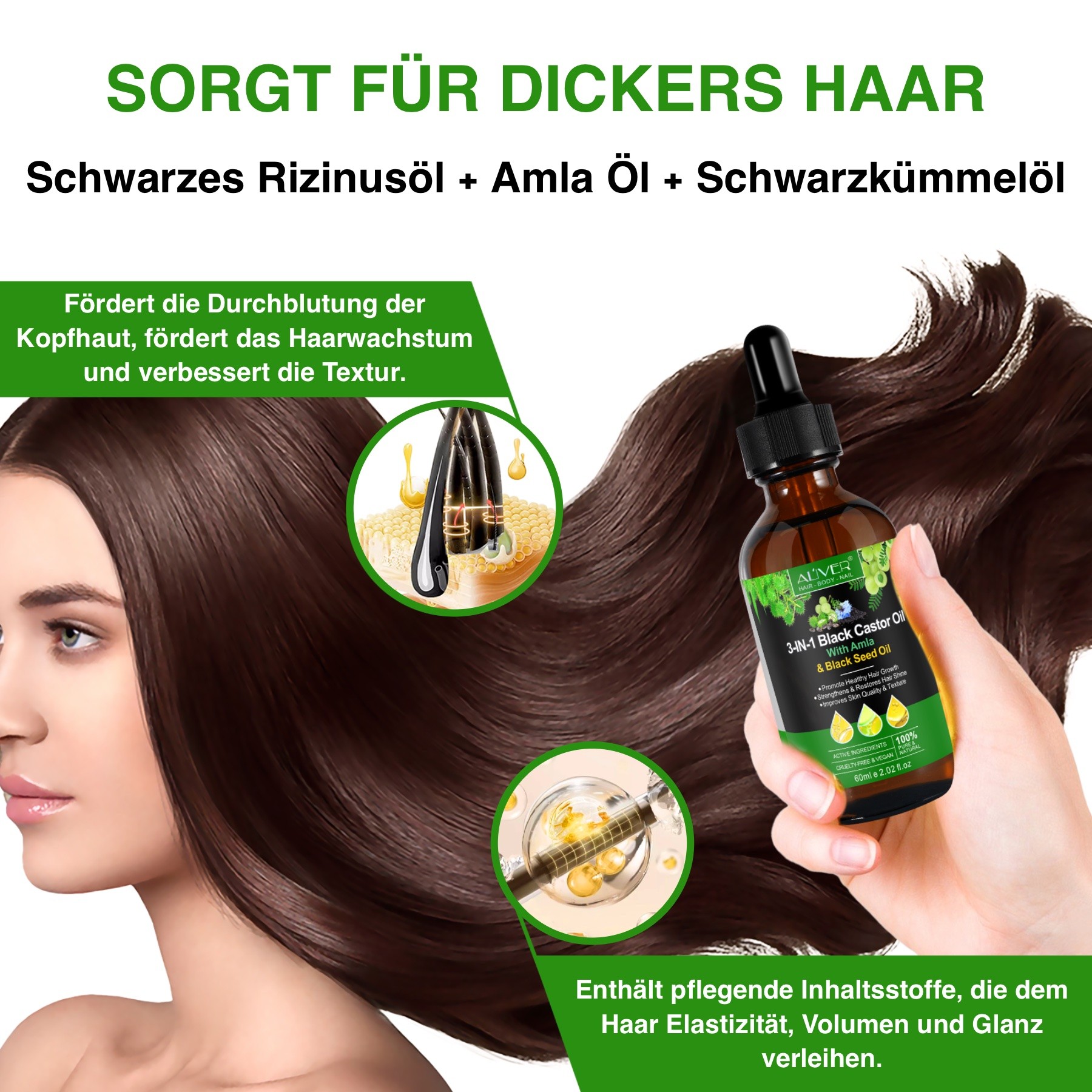 3-in-1 Rizinusöl mit Amlaöl und  Schwarzkümmelöl für Haut und Haare 