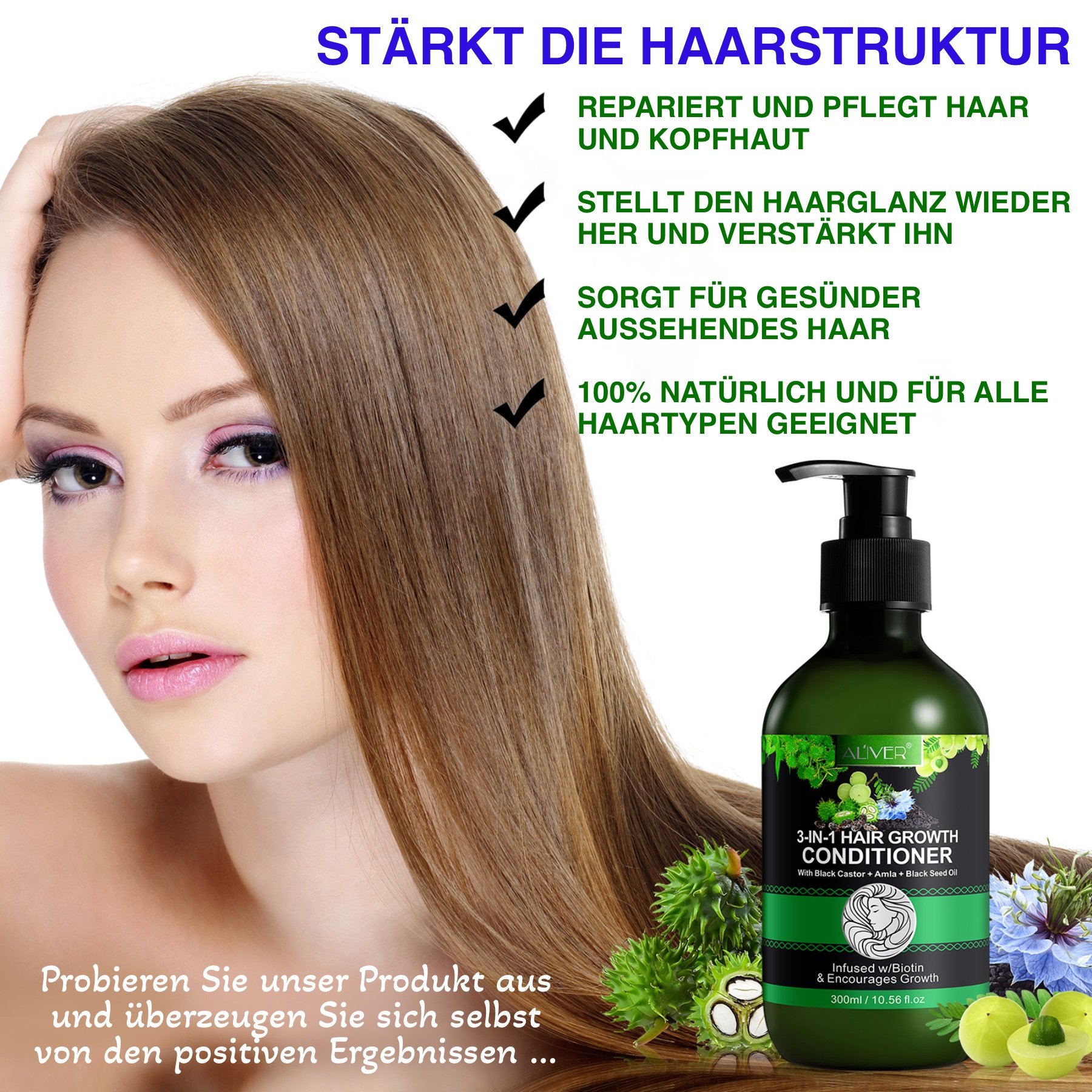 3-in-1 Pflege Conditioner mit Rizinusöl, Amlaöl und Schwarzkümmelöl für Haarwachstum