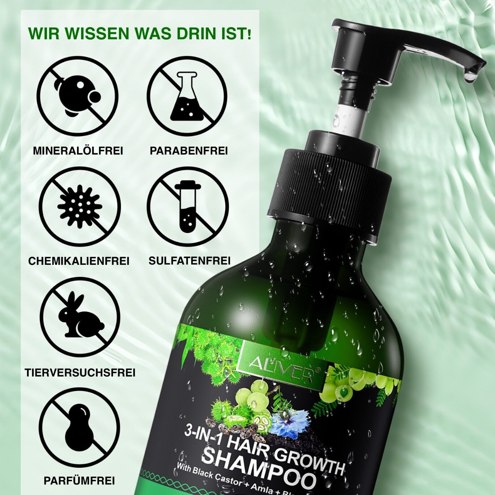 3-in-1 Pflege Shampoo mit Rizinusöl, Amlaöl und Schwarzkümmelöl für Haarwachstum