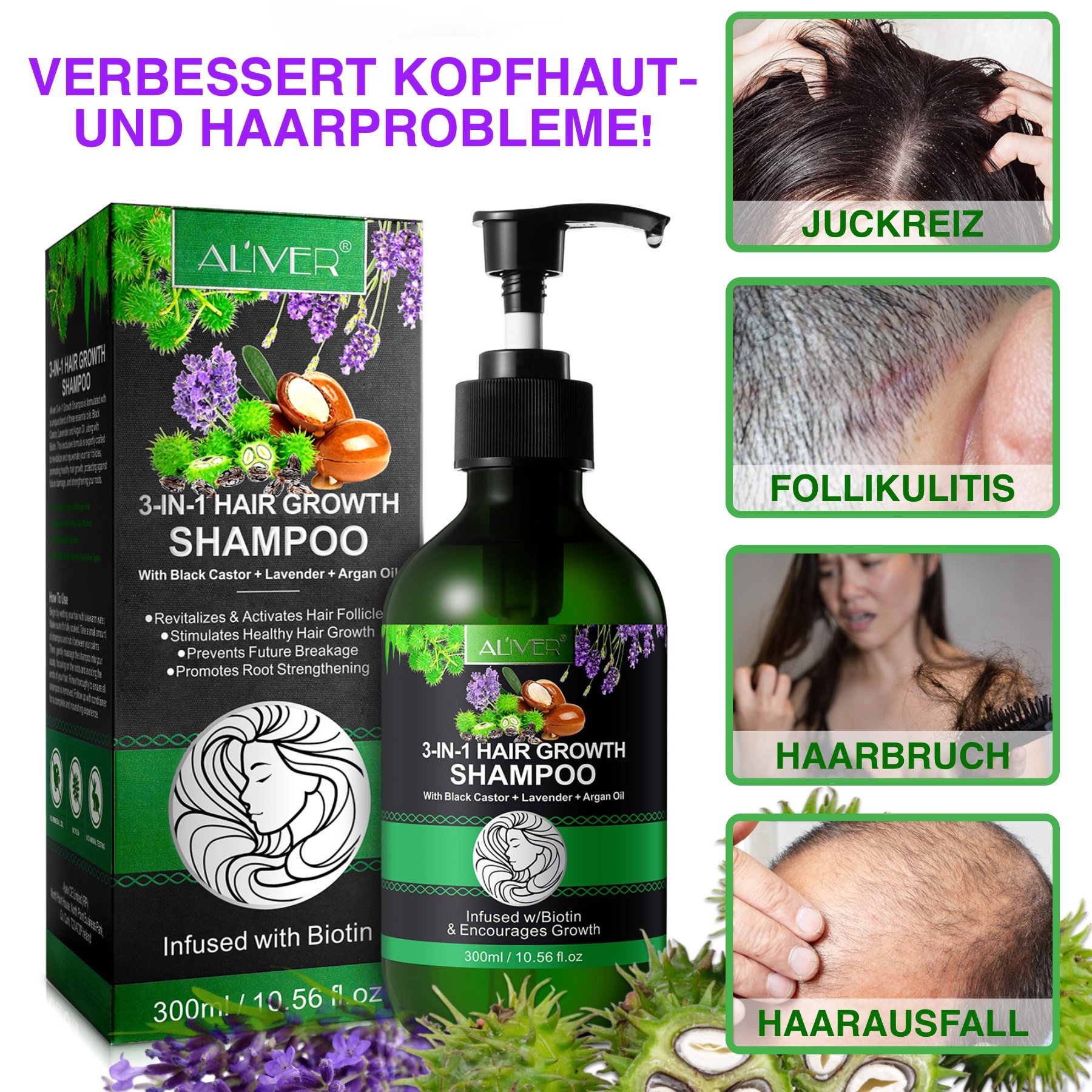 3-in-1 Pflege Shampoo mit  Rizinusöl, Lavendelöl und Arganöl 