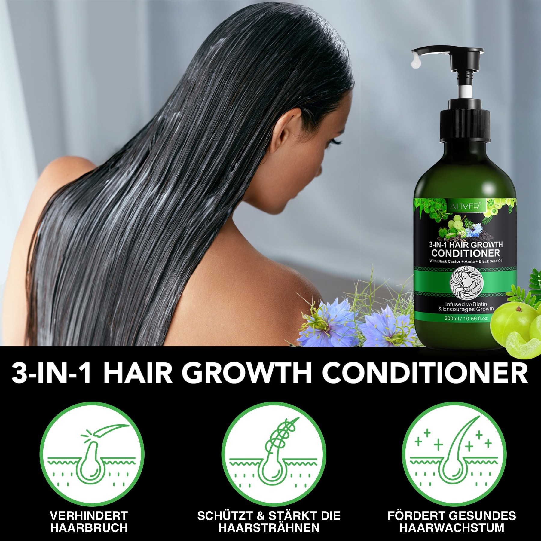 3-in-1 Pflege Conditioner mit Rizinusöl, Amlaöl und Schwarzkümmelöl für Haarwachstum