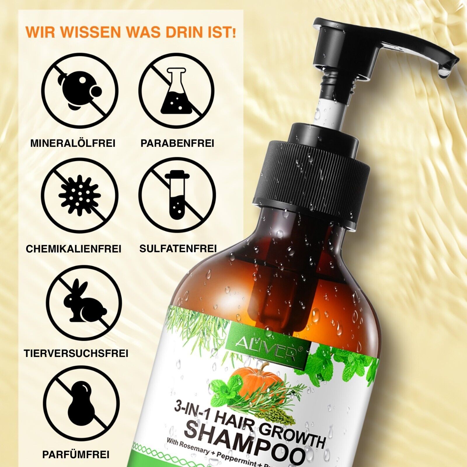 3-in-1 Shampoo mit Rosmarin, Minze und Kürbis Öl angereichert mit Biotin 