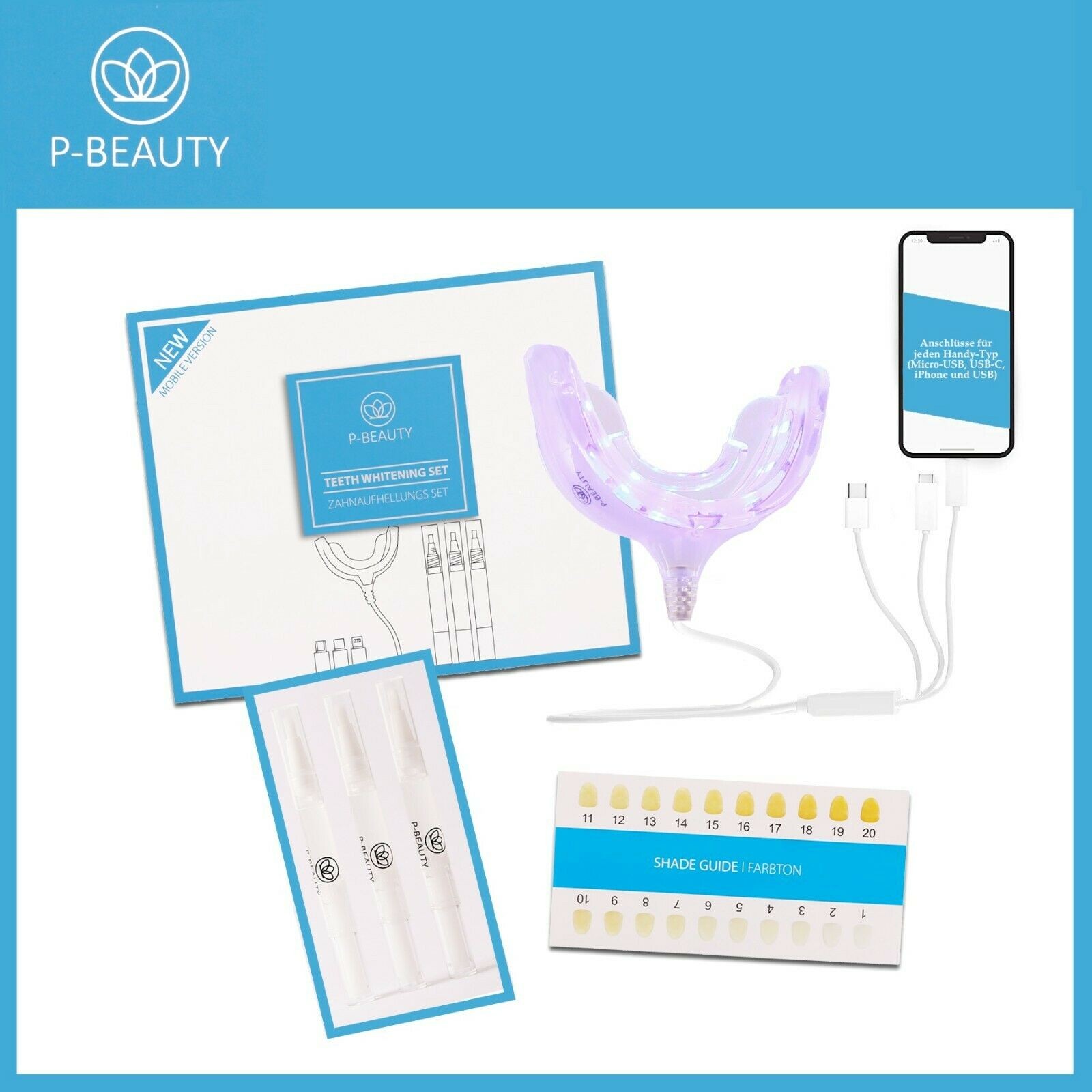 Zahnbleaching Set Hochwertiges Zahnaufhellung Set - All in One - Bleichsystem mit LED-Blaulicht - weiße Zähne - Teeth Whitening Bleaching Kit - für Zuhause und unterwegs - inklusive Zahnfarbskala