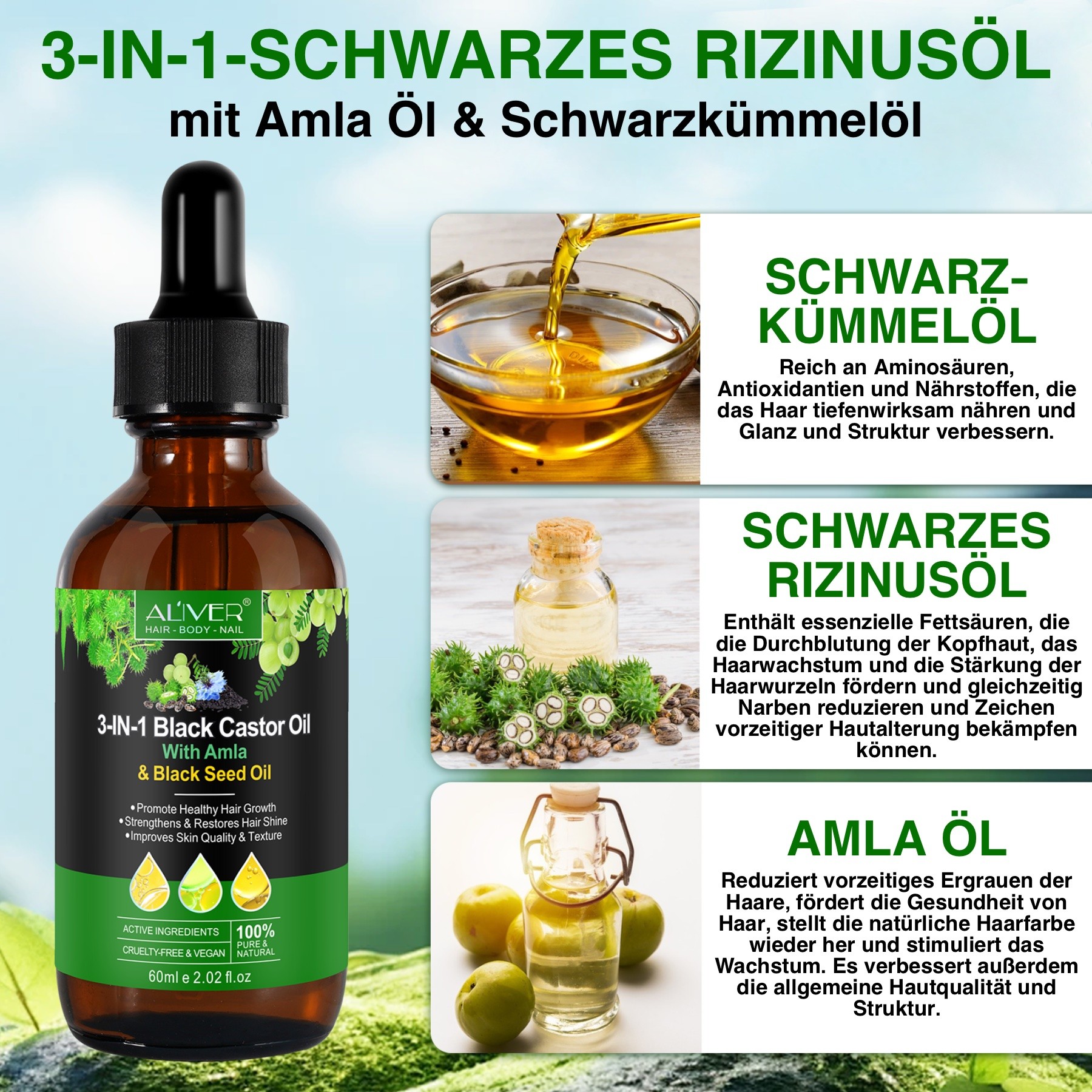 3-in-1 Rizinusöl mit Amlaöl und  Schwarzkümmelöl für Haut und Haare 