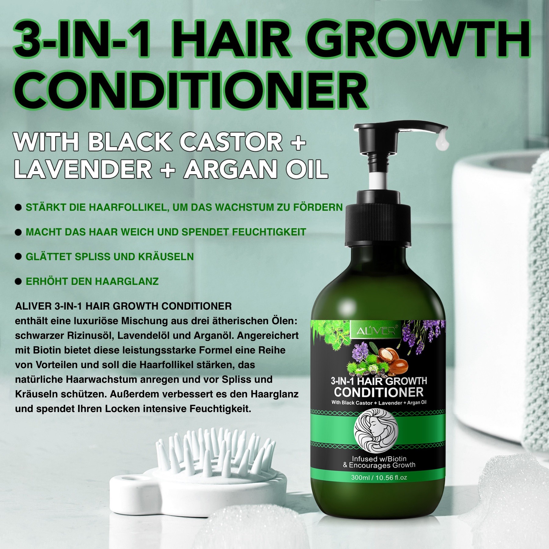  3-in-1 Pflege Conditioner mit Rizinusöl, Lavendelöl und Arganöl 