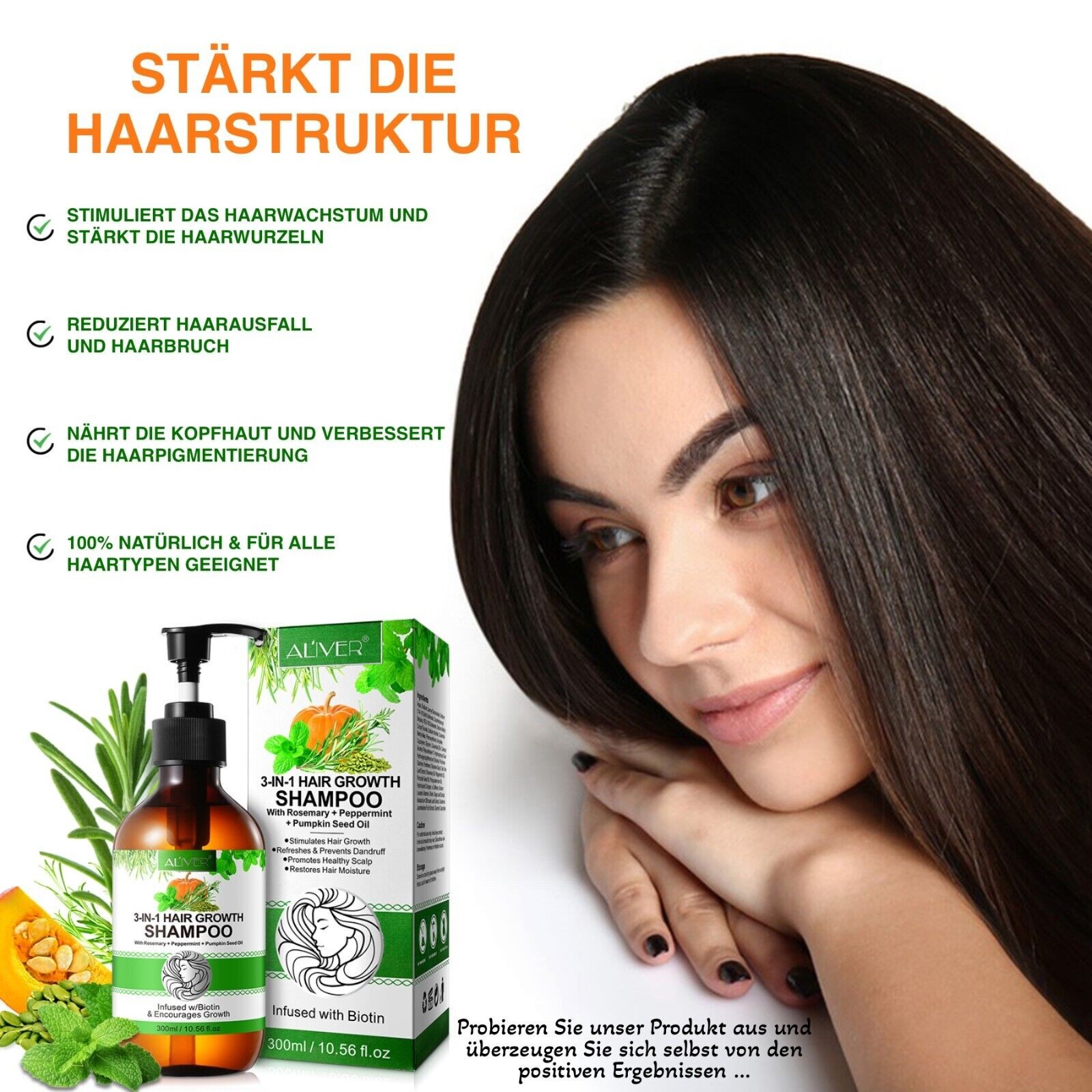 3-in-1 Shampoo mit Rosmarin, Minze und Kürbis Öl angereichert mit Biotin 