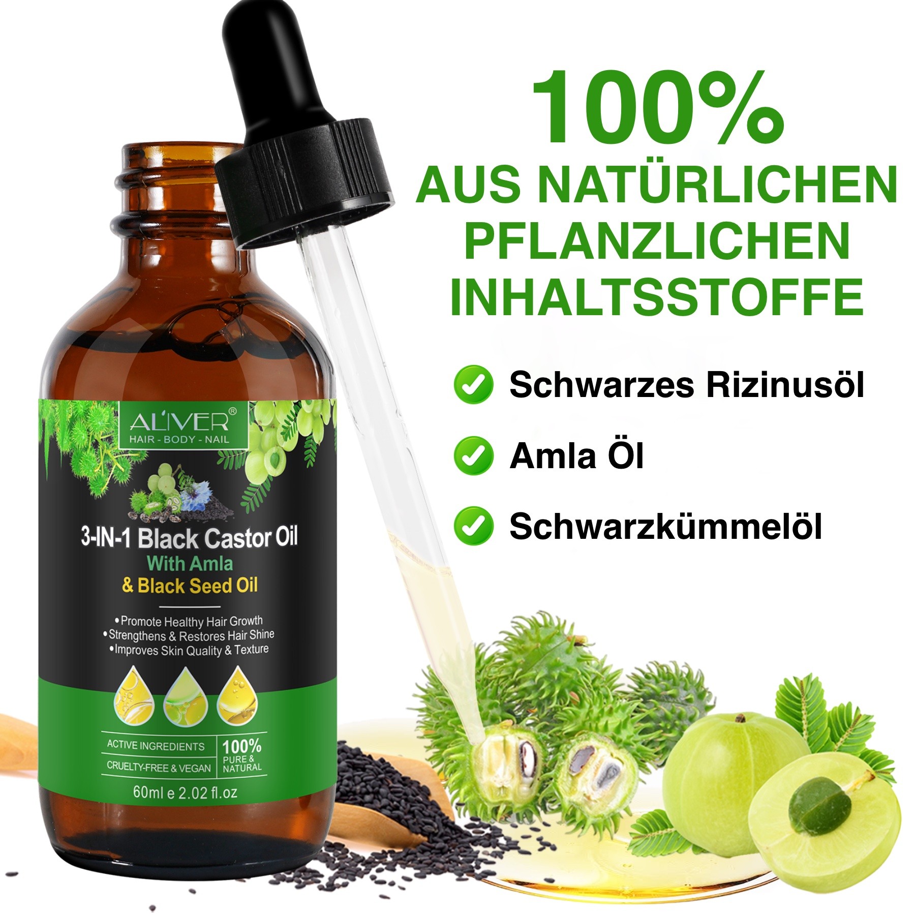 3-in-1 Rizinusöl mit Amlaöl und  Schwarzkümmelöl für Haut und Haare 