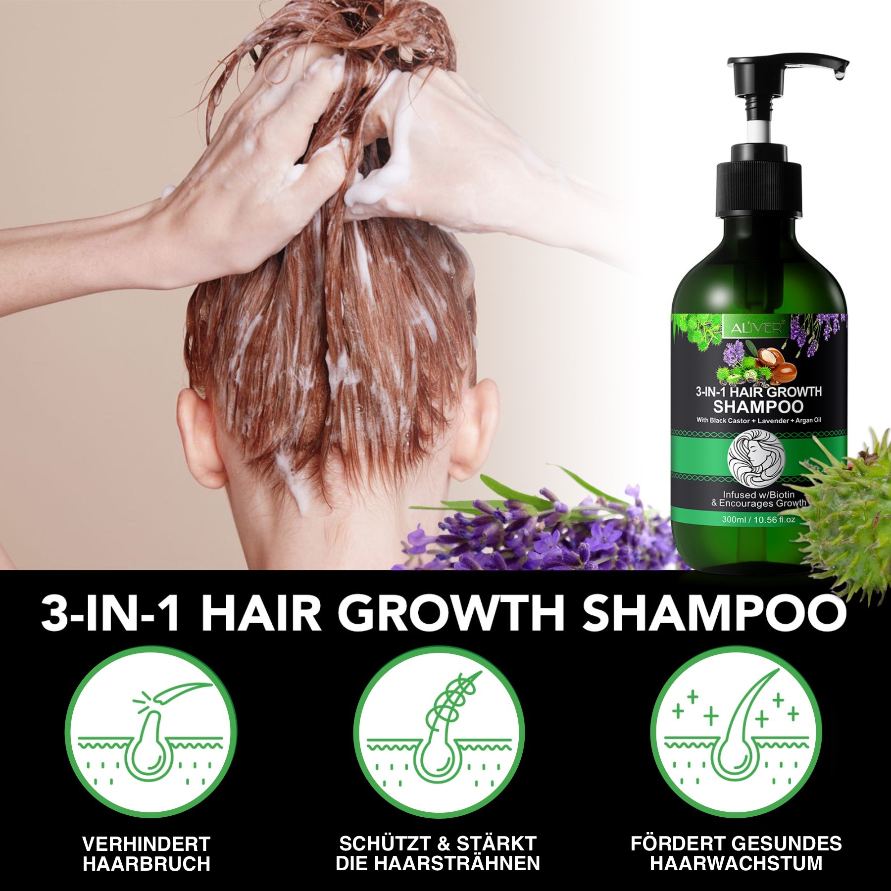 3-in-1 Pflege Shampoo mit  Rizinusöl, Lavendelöl und Arganöl 