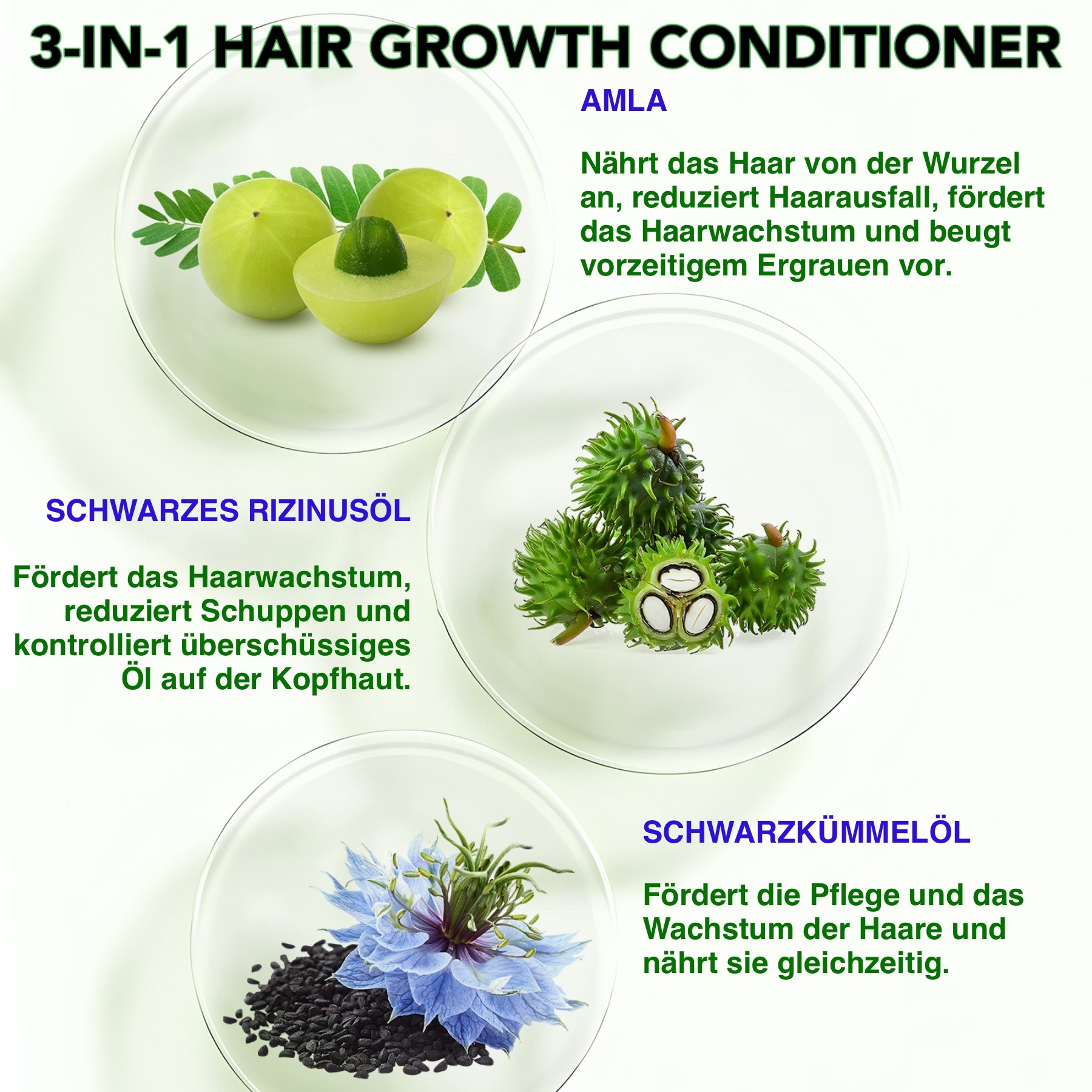 3-in-1 Pflege Conditioner mit Rizinusöl, Amlaöl und Schwarzkümmelöl für Haarwachstum