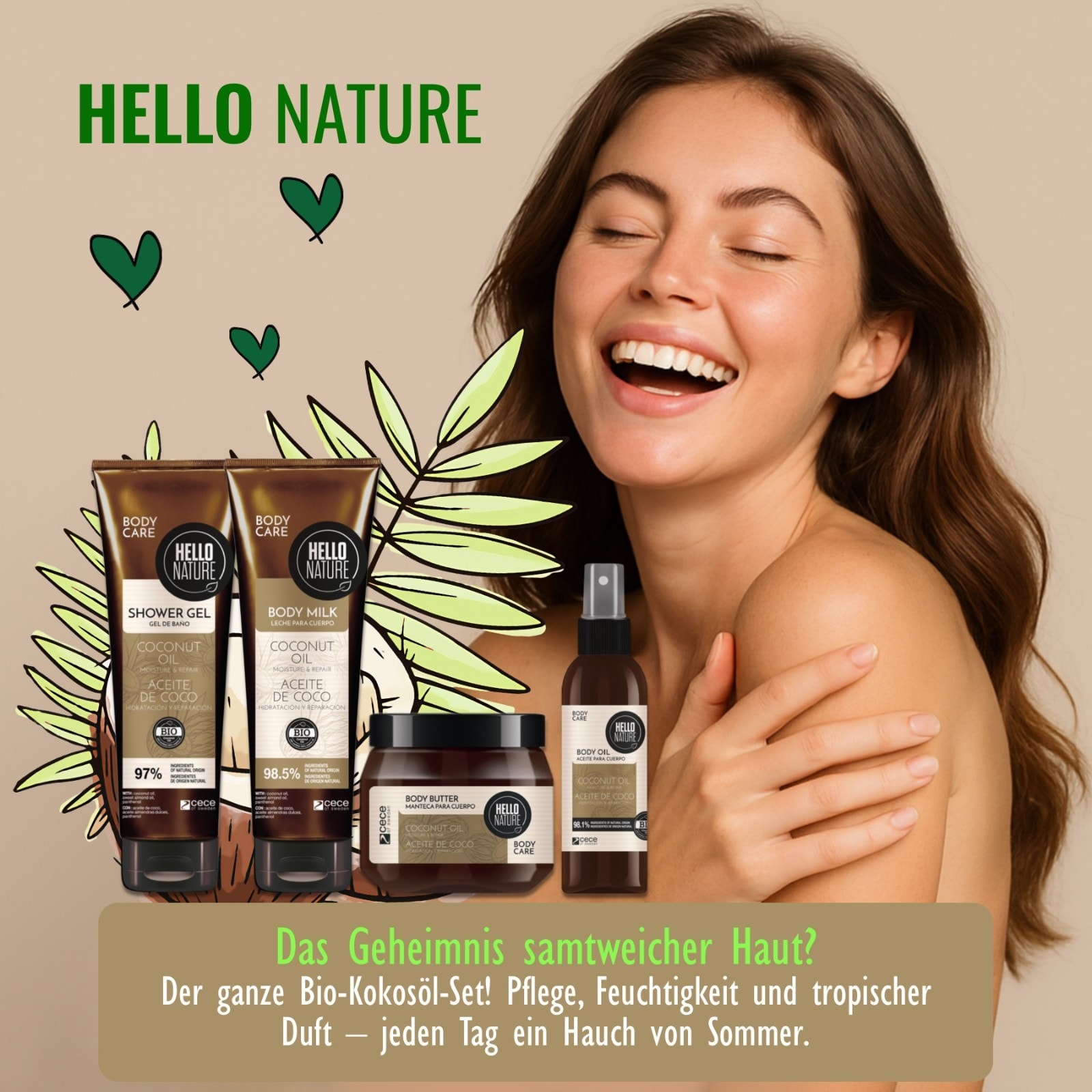 BIO Kokosnussöl Körperpflege Set: Duschgel, Body Butter, Body Milk, Öl 