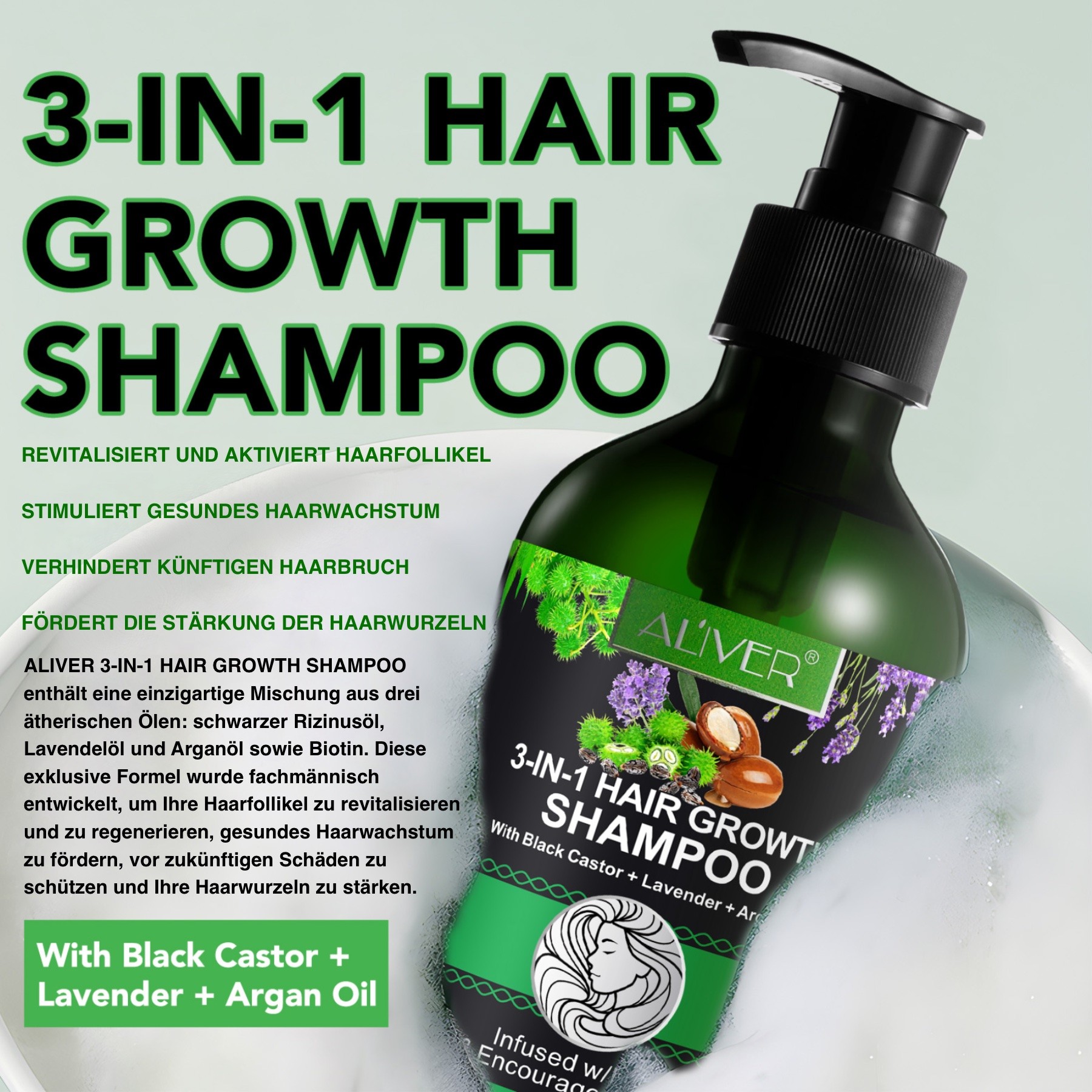 3-in-1 Pflege Shampoo mit  Rizinusöl, Lavendelöl und Arganöl 