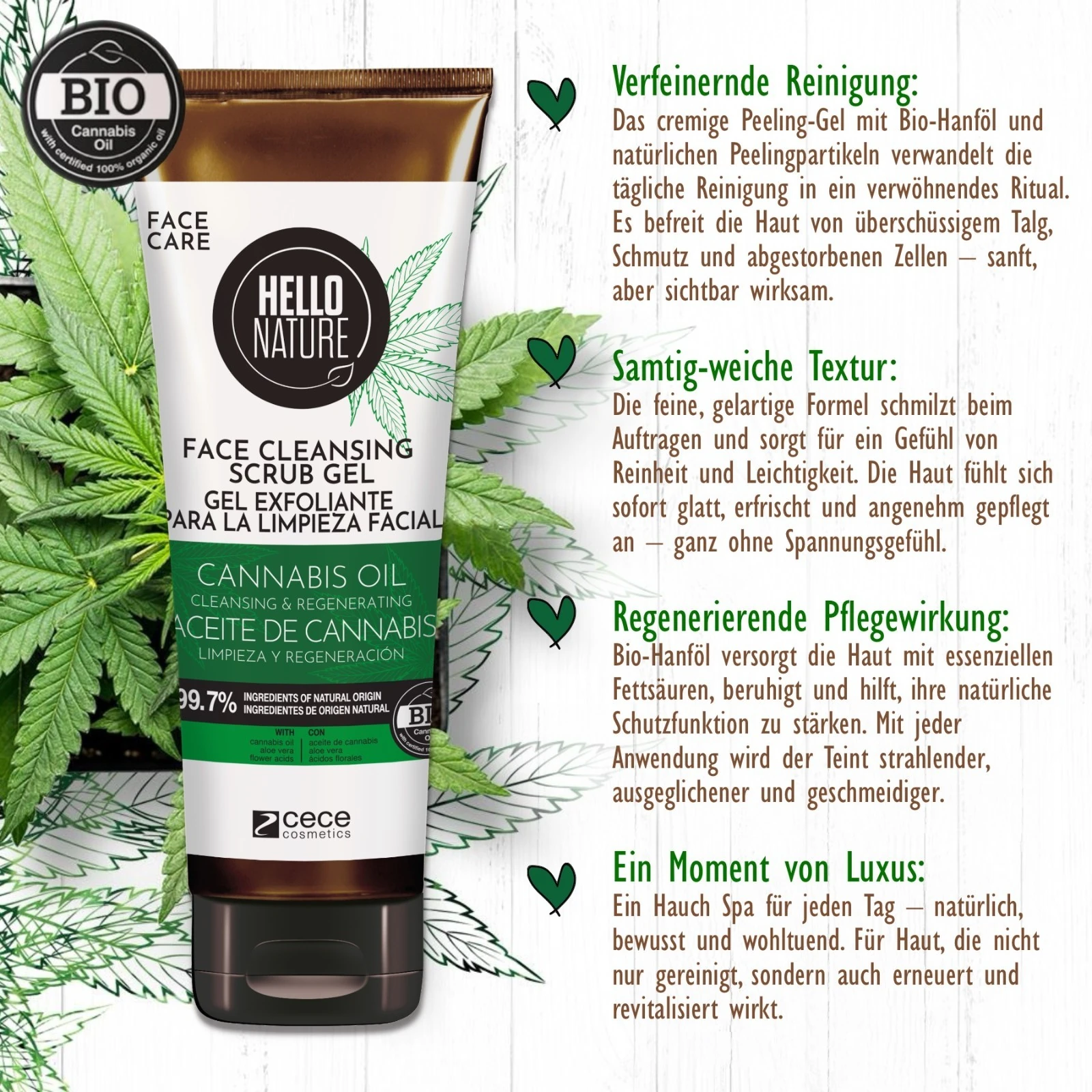 Gesichtspeeling Gesichtsreinigung Gesichtspflege Bio Vegan Hanföl Hello Nature 125ml