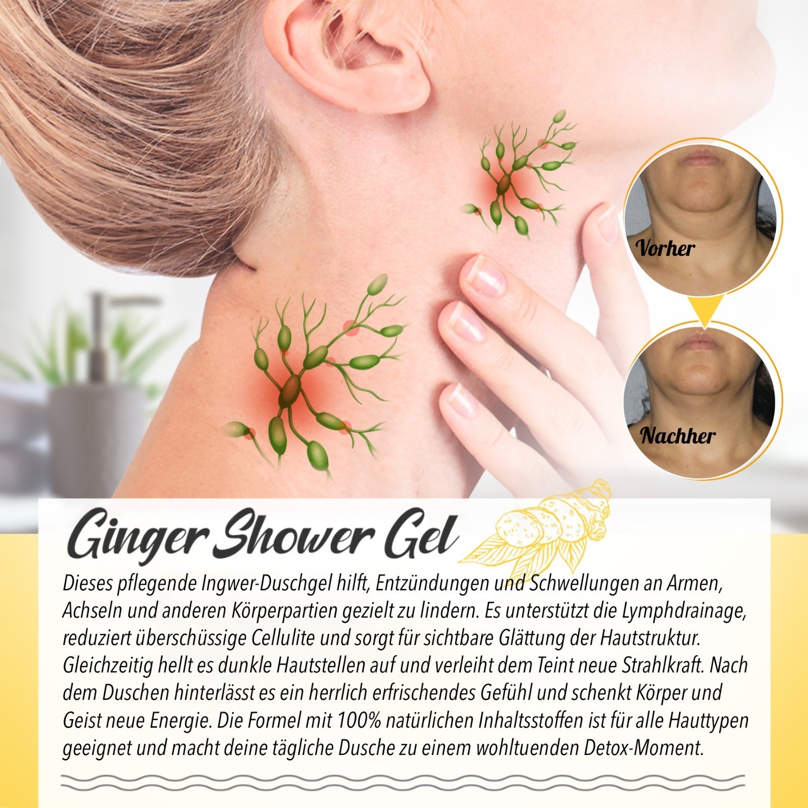 Ingwer Duschgel Ginger Shower Gel Lymphdrainage Körperpflege mit Rosmarin 3x30ml