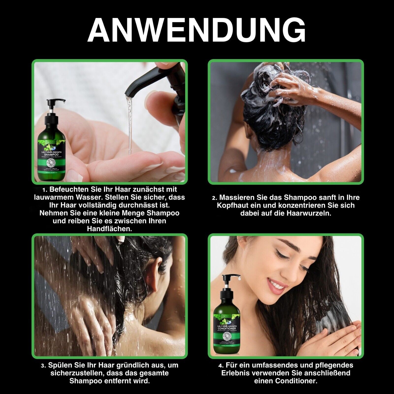 3-in-1 Pflege Shampoo mit Rizinusöl, Amlaöl und Schwarzkümmelöl für Haarwachstum