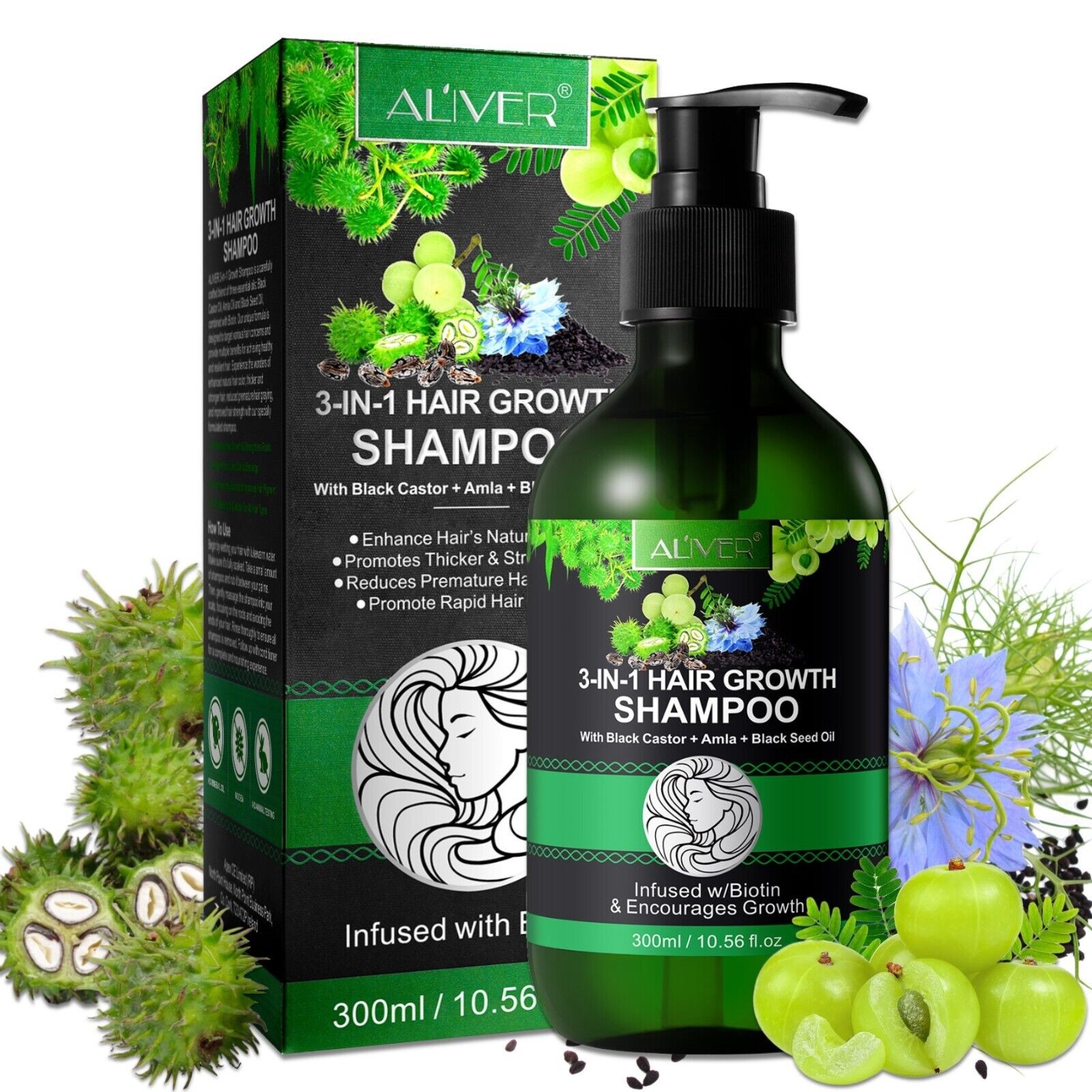 3-in-1 Pflege Shampoo mit Rizinusöl, Amlaöl und Schwarzkümmelöl für Haarwachstum