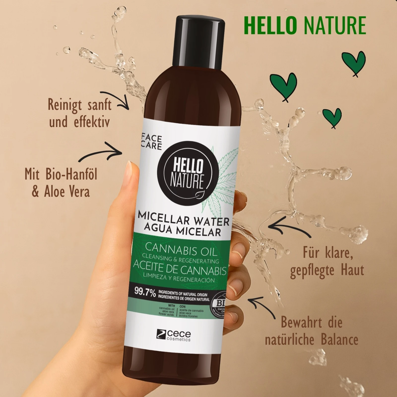 BIO Mizellenwasser mit Hanföl für sanfte Gesichtsreinigung 