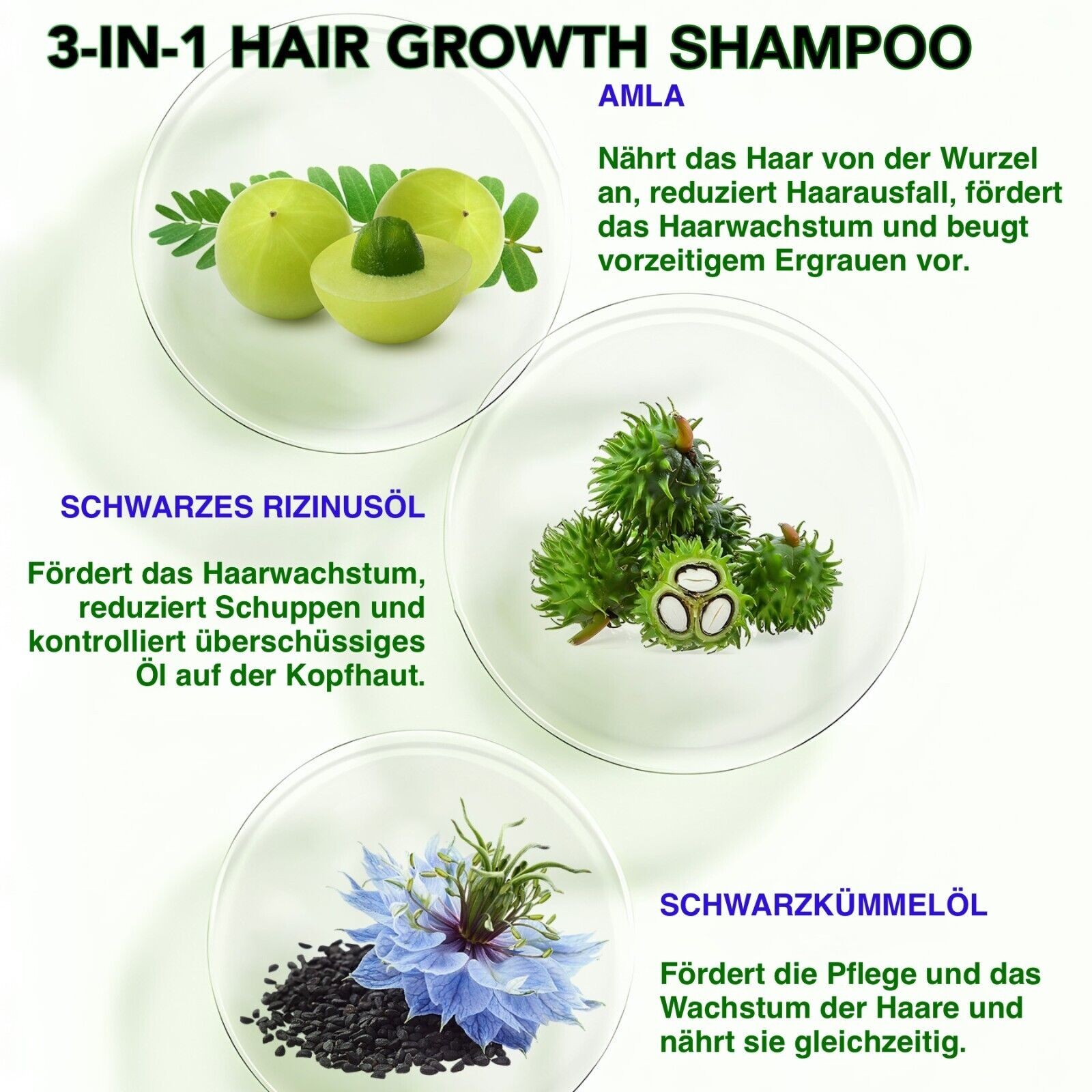 3-in-1 Pflege Shampoo mit Rizinusöl, Amlaöl und Schwarzkümmelöl für Haarwachstum