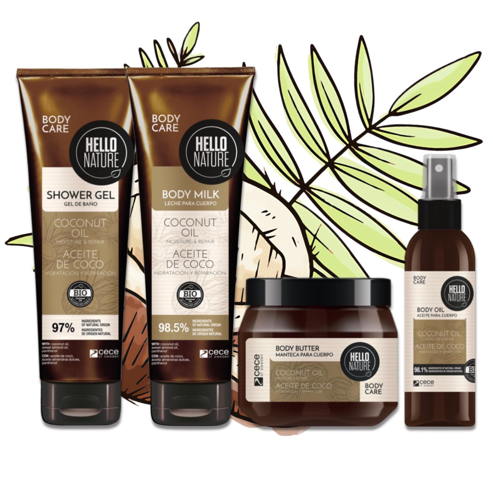 BIO Kokosnussöl Körperpflege Set: Duschgel, Body Butter, Body Milk, Öl 