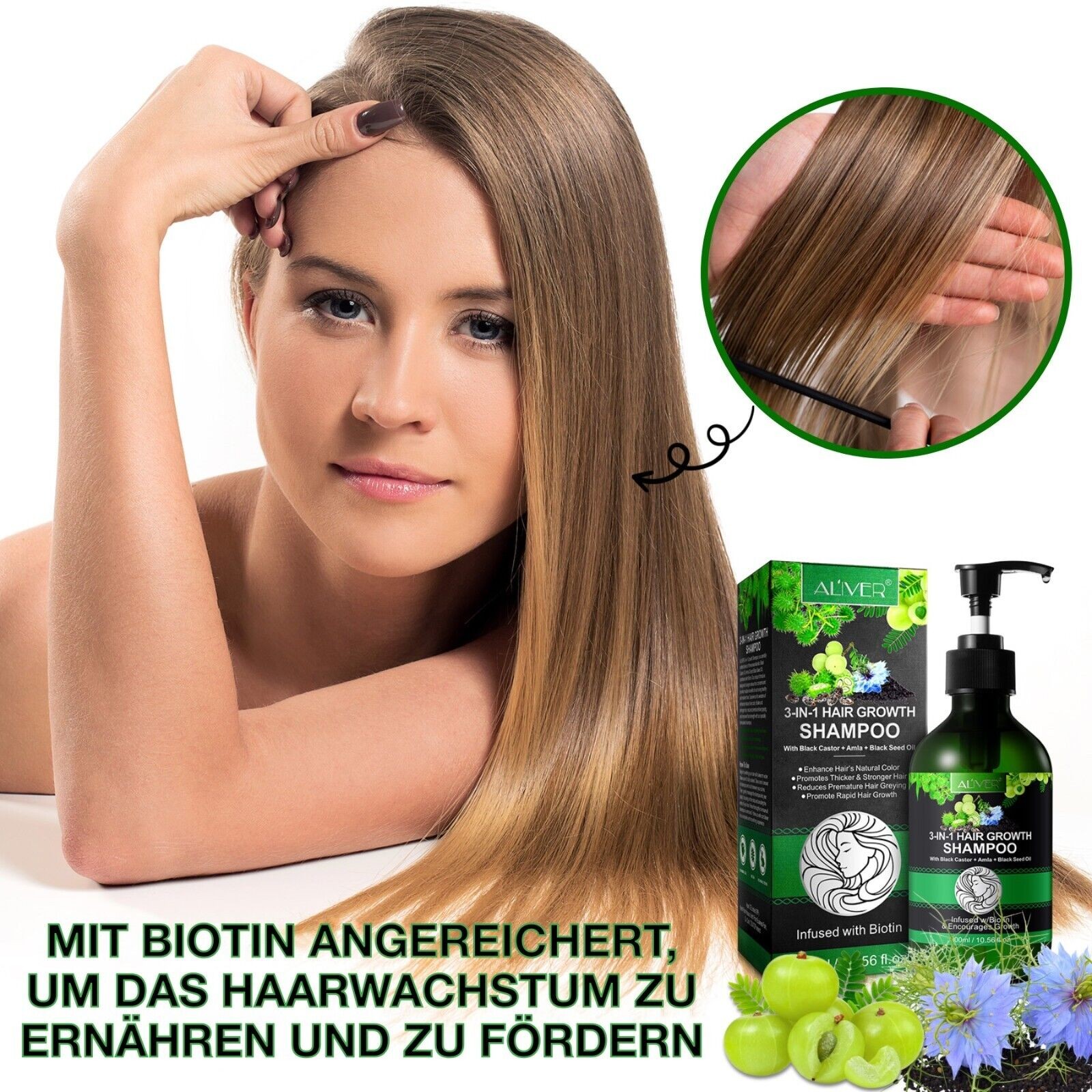 3-in-1 Pflege Shampoo mit Rizinusöl, Amlaöl und Schwarzkümmelöl für Haarwachstum