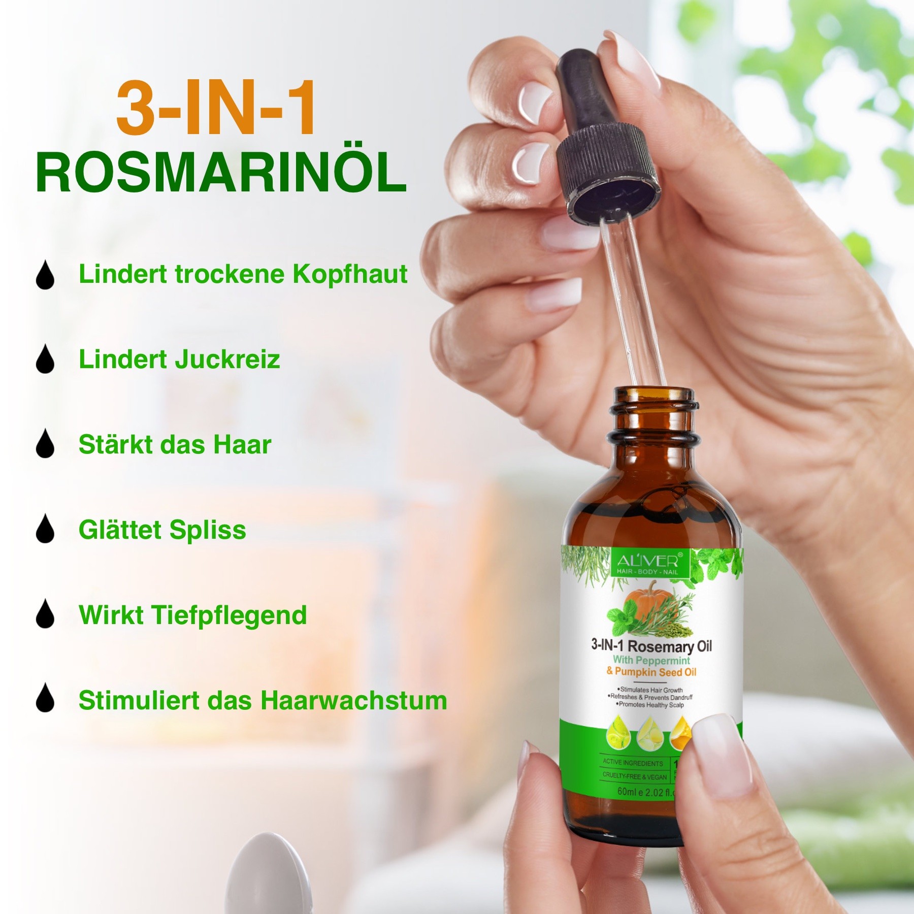 3-in-1 Ätherisches Rosmarinöl mit Pfefferminzöl und Kürbiskernöl 