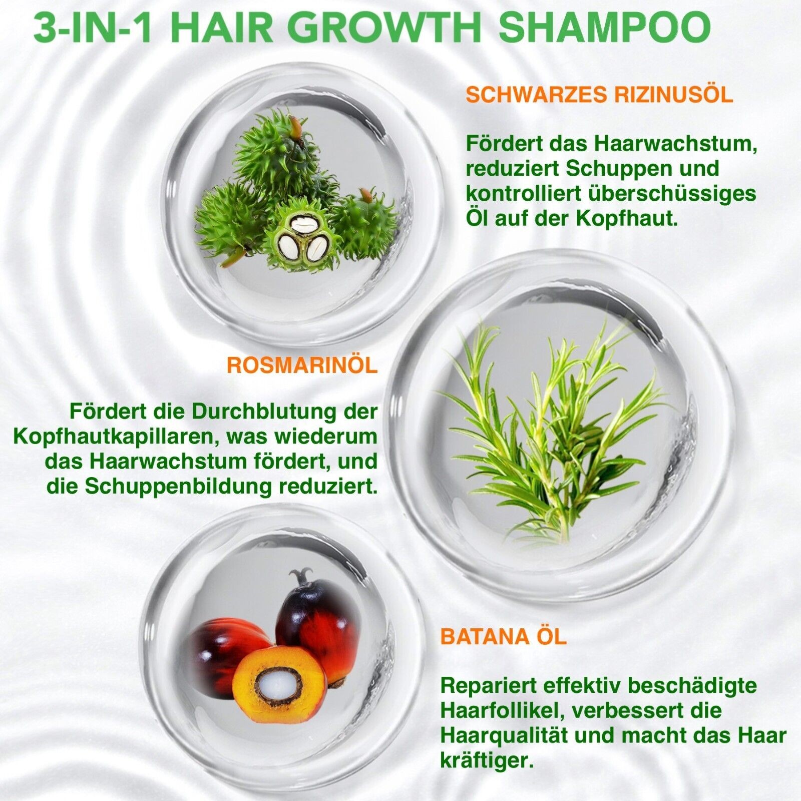 3-in-1 Shampoo mit Rosmarinöl, Rizinusöl mit Batana Öl für Haarwachstum