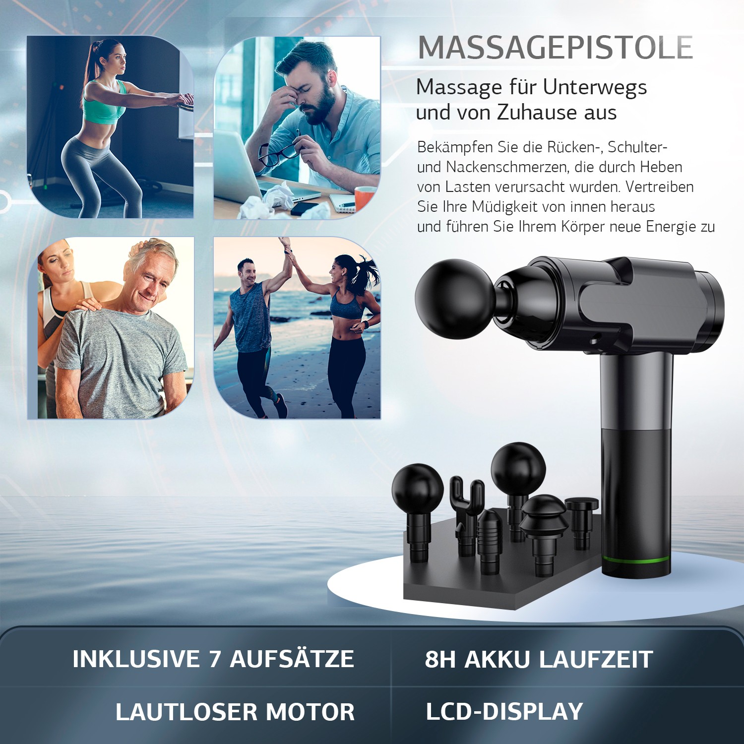 Massagepistole | Massage Pistole | Massage Gun | 20 verstellbare Stufen | 7 Massageaufsätze | 2500mAh | LCD Display | Elektrisches Handmassagegerät