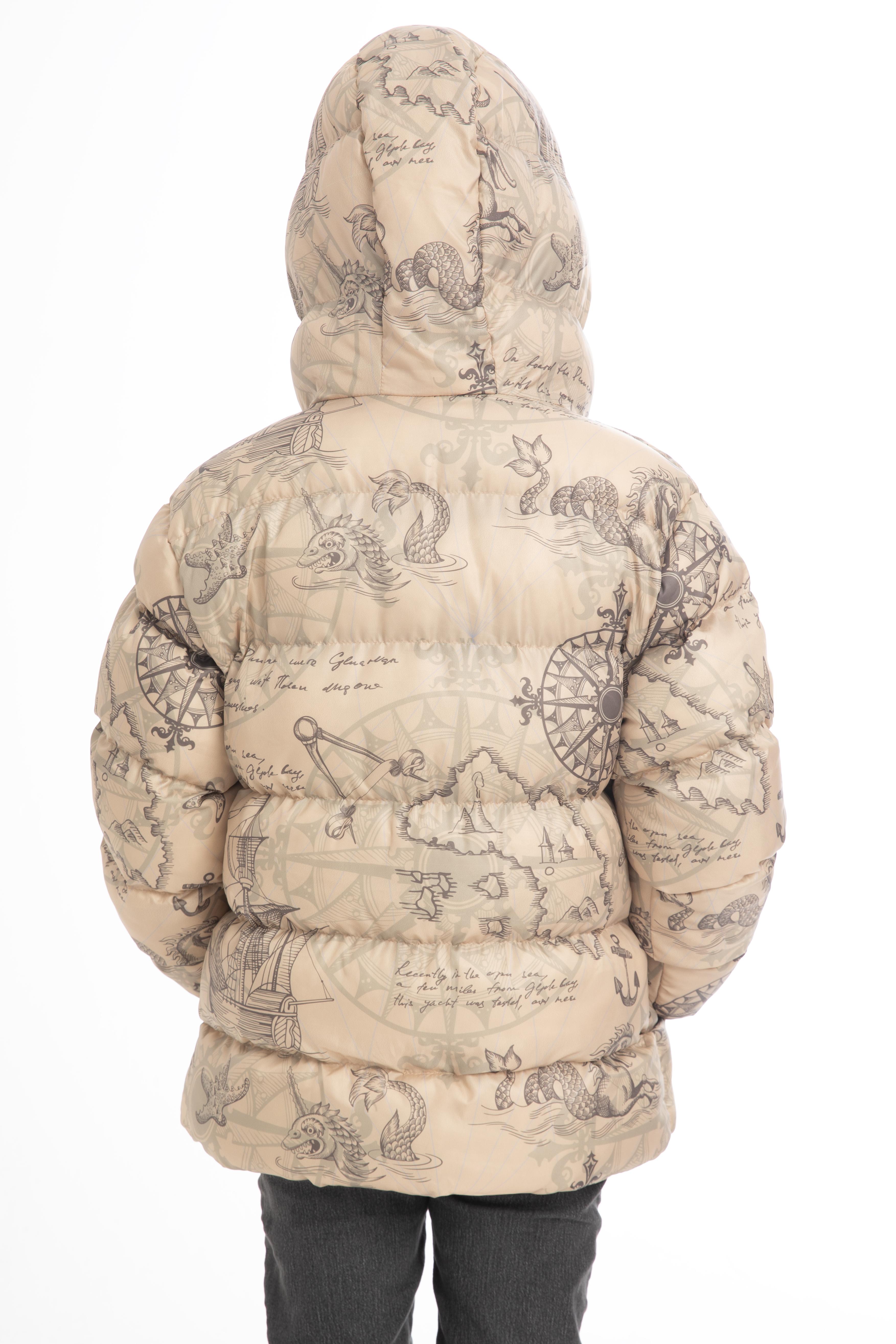 Kinder Winterjacke Beige mit Kompass- und Schiffsmotiven