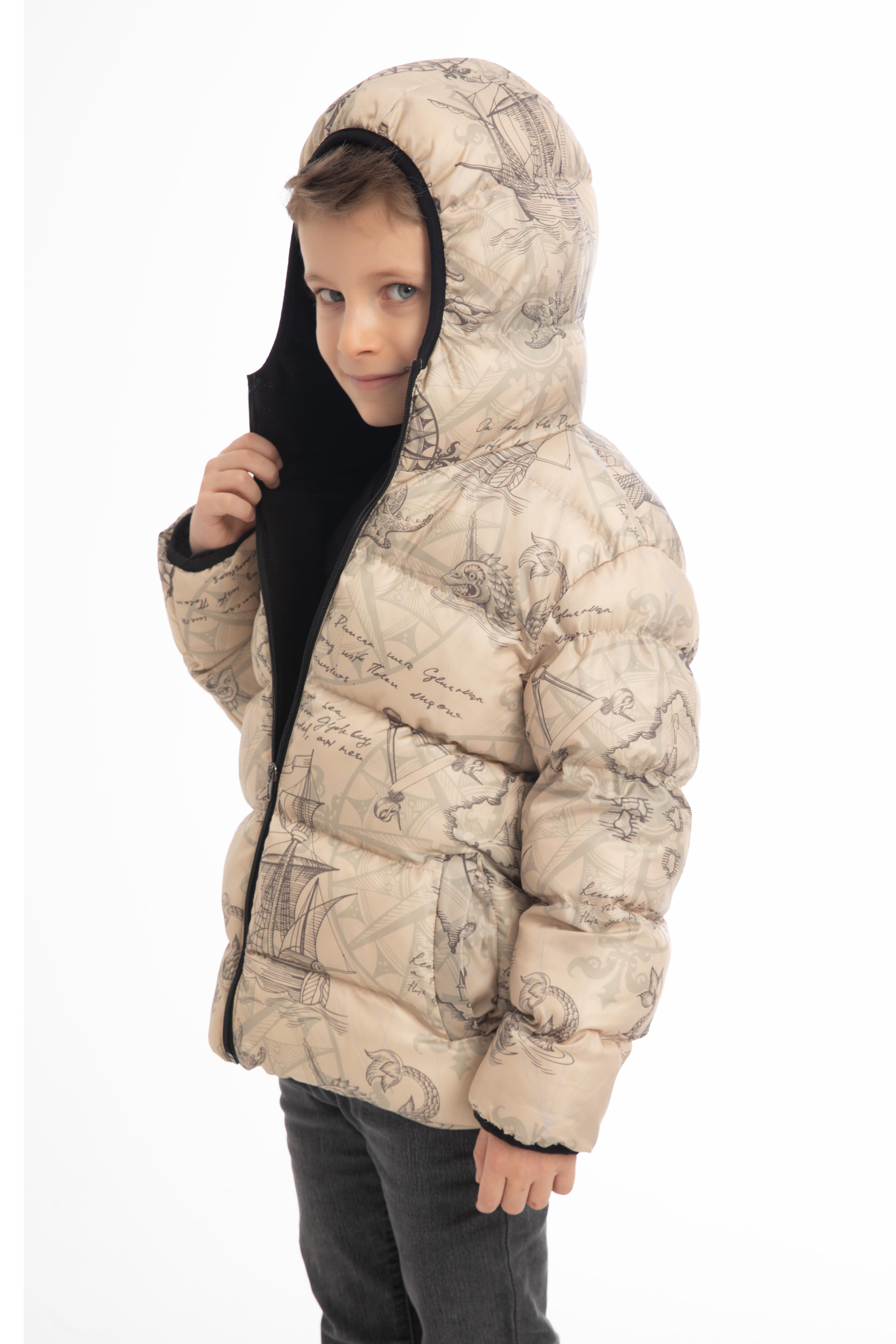 Kinder Winterjacke Beige mit Kompass- und Schiffsmotiven