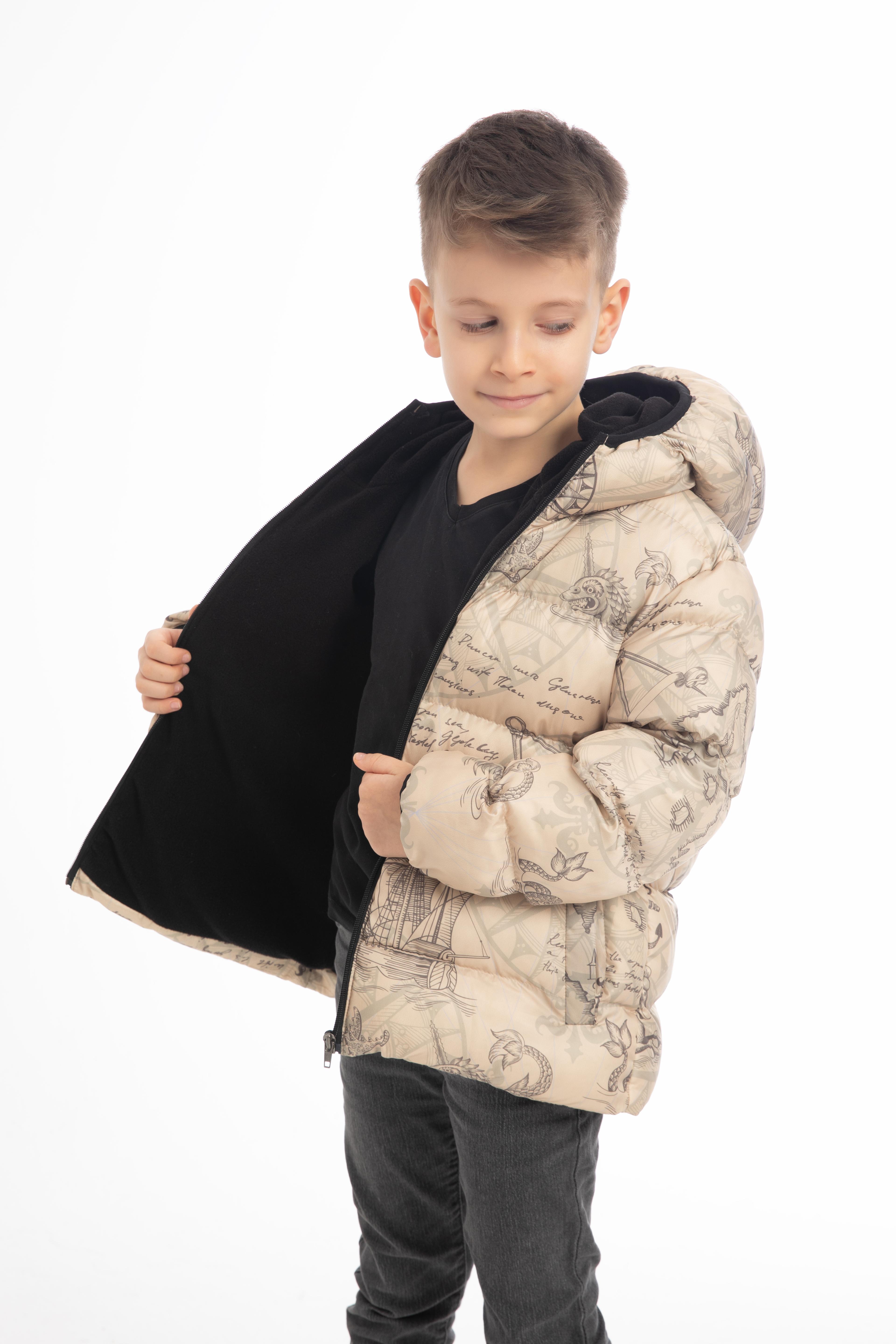 Kinder Winterjacke Beige mit Kompass- und Schiffsmotiven