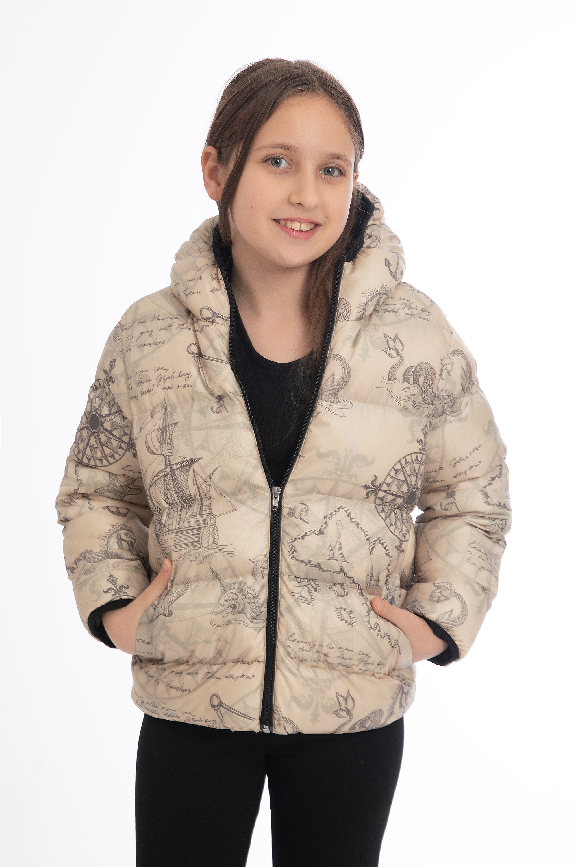 Mädchen Winterjacke mit Kompass- und Schiff-Motiven