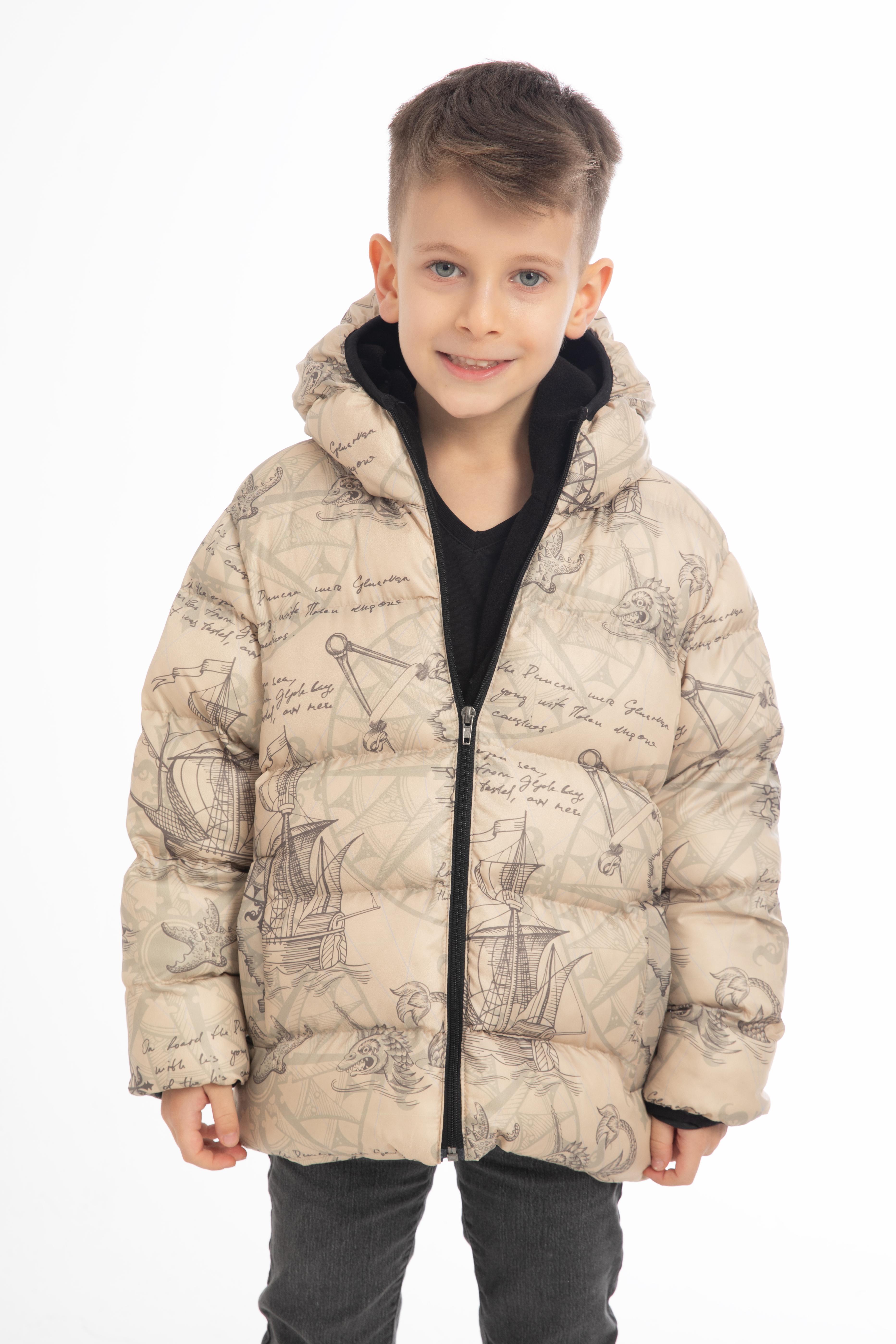 Kinder Winterjacke Beige mit Kompass- und Schiffsmotiven