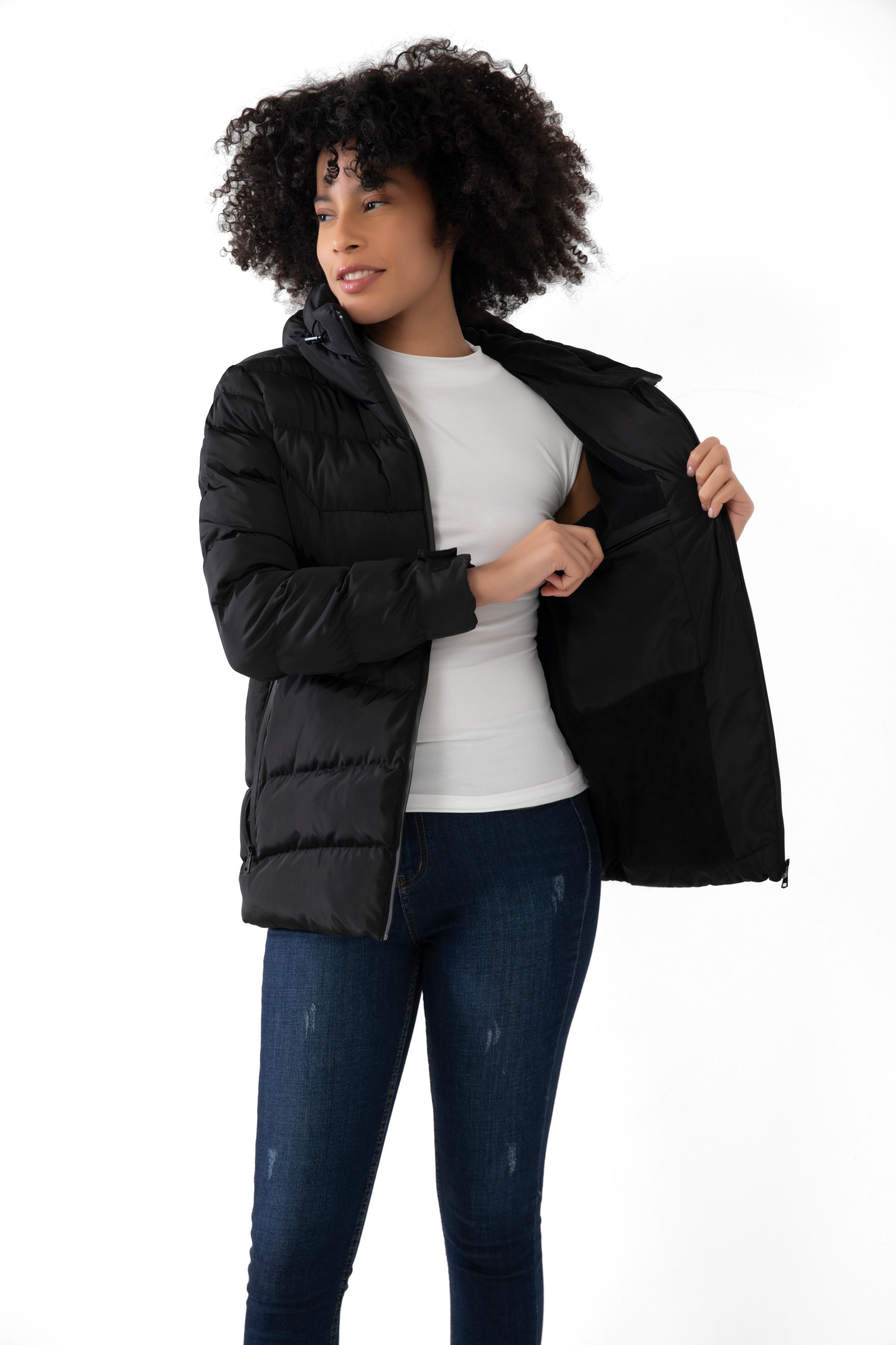 Damen Pufferjacke mit Kapuze - FM500 - Schwarz