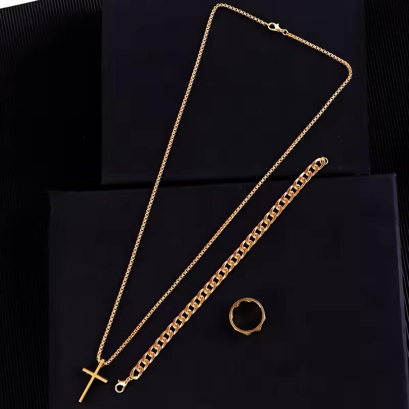 3 Piece Set Men's Stainless Steel.Necklace Bracelet Ring Jewelry Set Gold